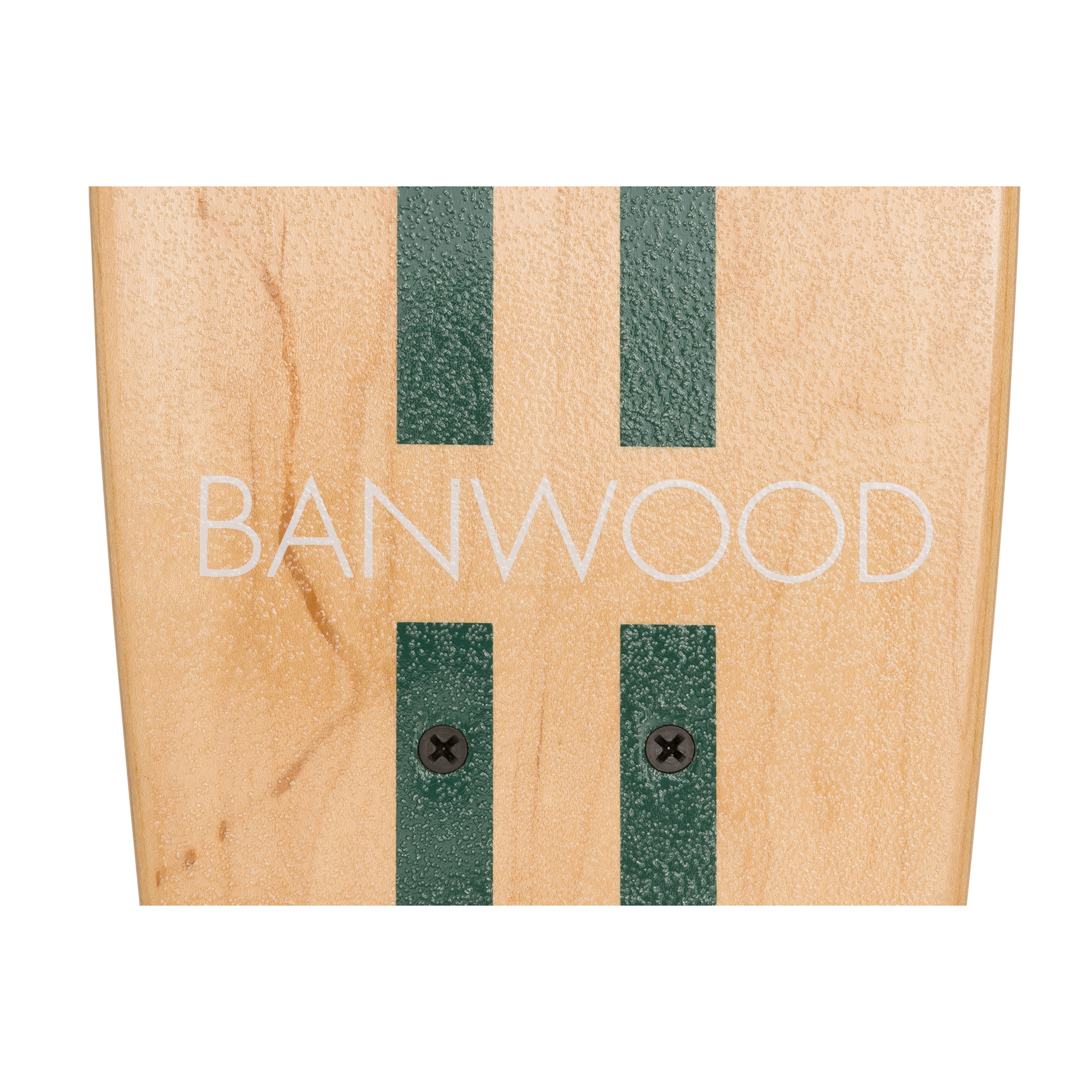 A close-up of the Banwood - Skateboard Green shows a wooden surface made from Canadian Maple, featuring two green stripes and "BANWOOD" in white letters, with two black screws at the bottom.