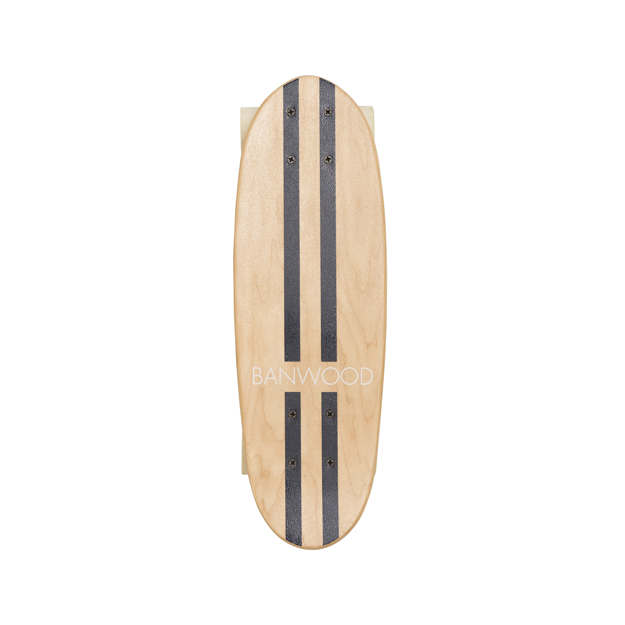 The Banwood Skateboard Navy deck, made from Canadian Maple, features a minimalist design with two vertical black grip tape strips and "BANWOOD" printed in white near the bottom, making it a stylish addition to any collection.
