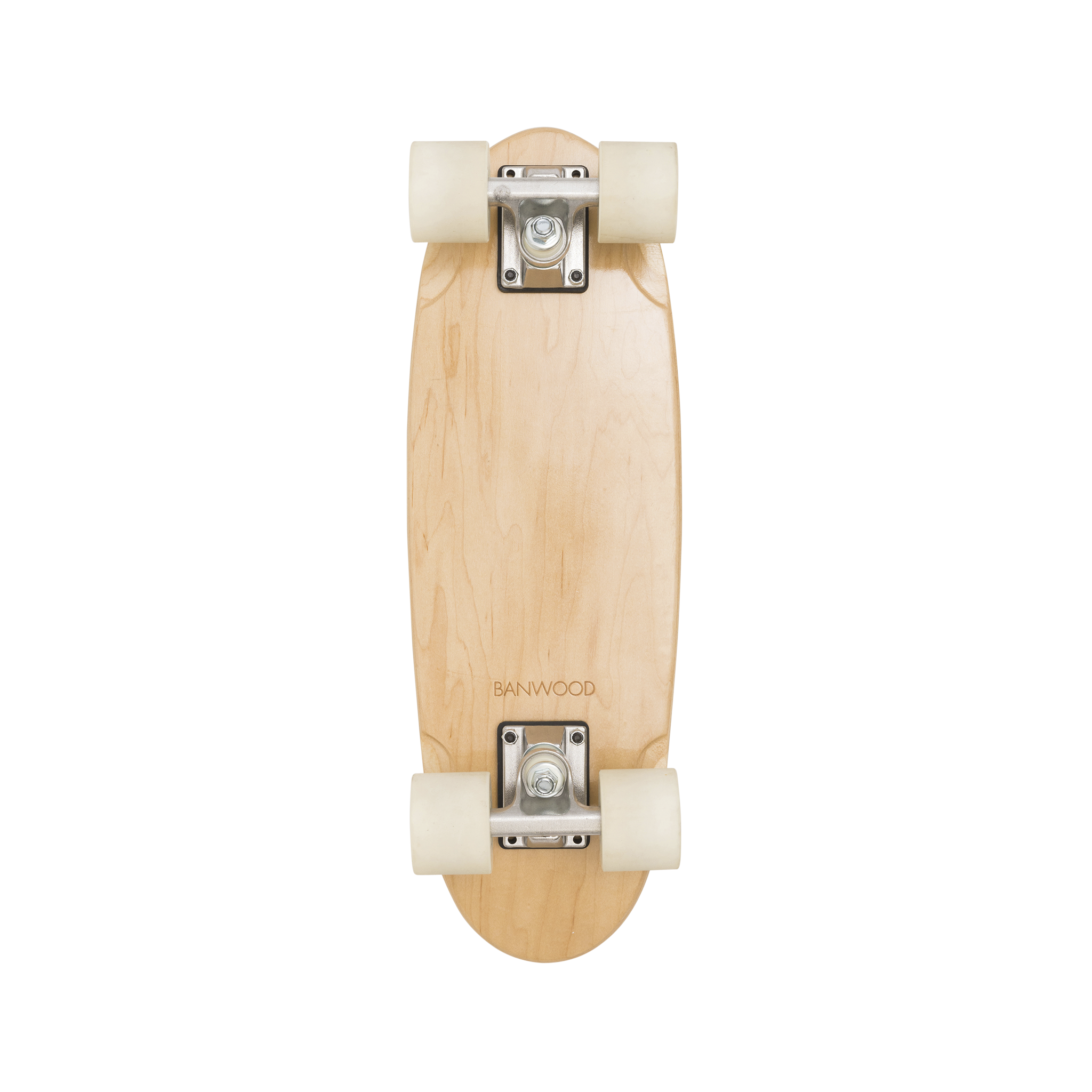 An overhead shot features the "Banwood - Skateboard Navy" from BANWOOD's exclusive collection, crafted from light-colored Canadian Maple. It has white wheels, metal trucks, and the brand name "BANWOOD" elegantly displayed on its surface.