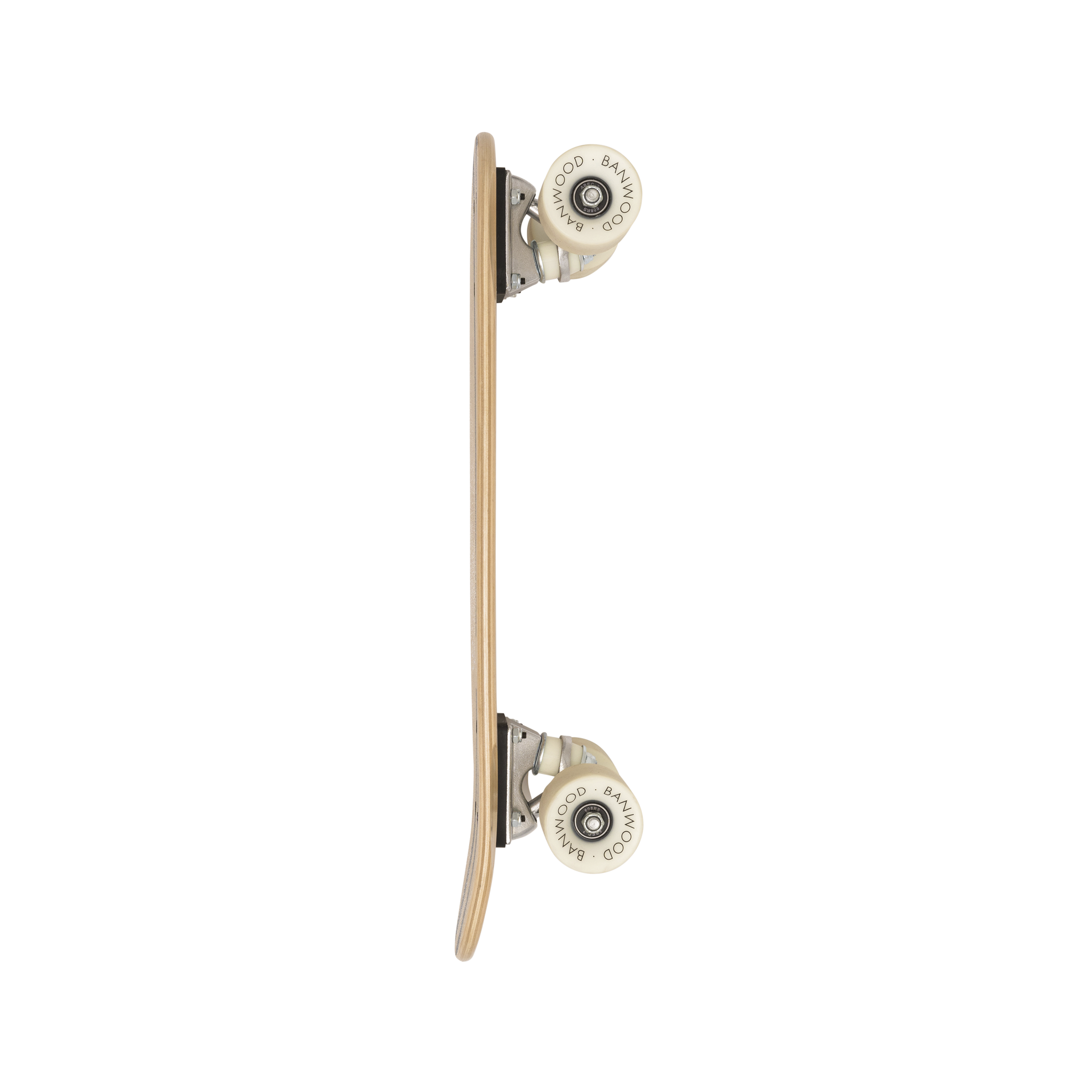 A side view of the Banwood - Skateboard Navy by BANWOOD showcases a natural wood deck with white wheels featuring "Bamboo Good." Its simple and sleek design makes it perfect for any collection, standing out against a plain white background.