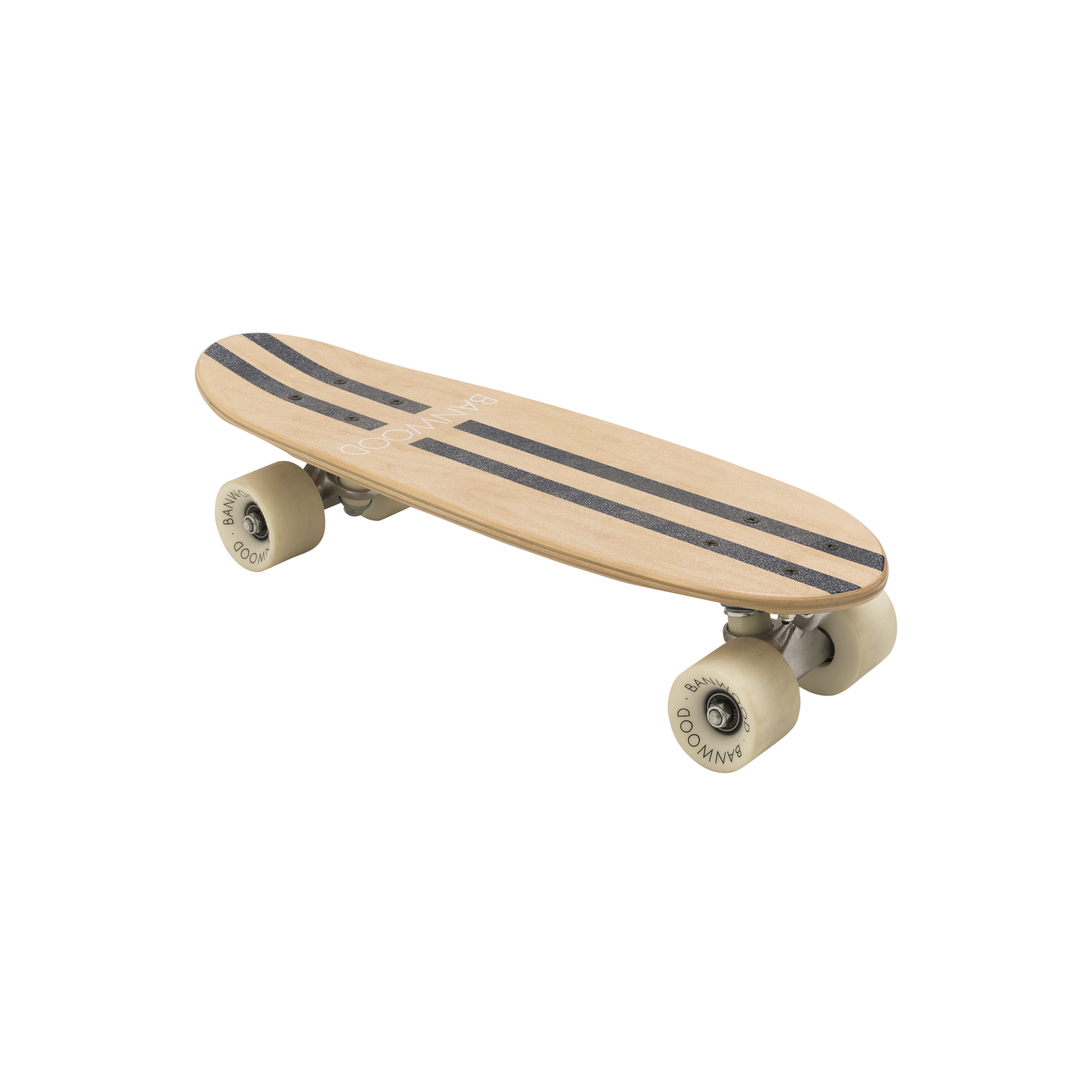 The BANWOOD Skateboard Navy, crafted from premium Canadian Maple, features black grip tape lines and white wheels. Displayed from an angled side view on a pristine white background, it highlights the sleek design and craftsmanship within our collection.
