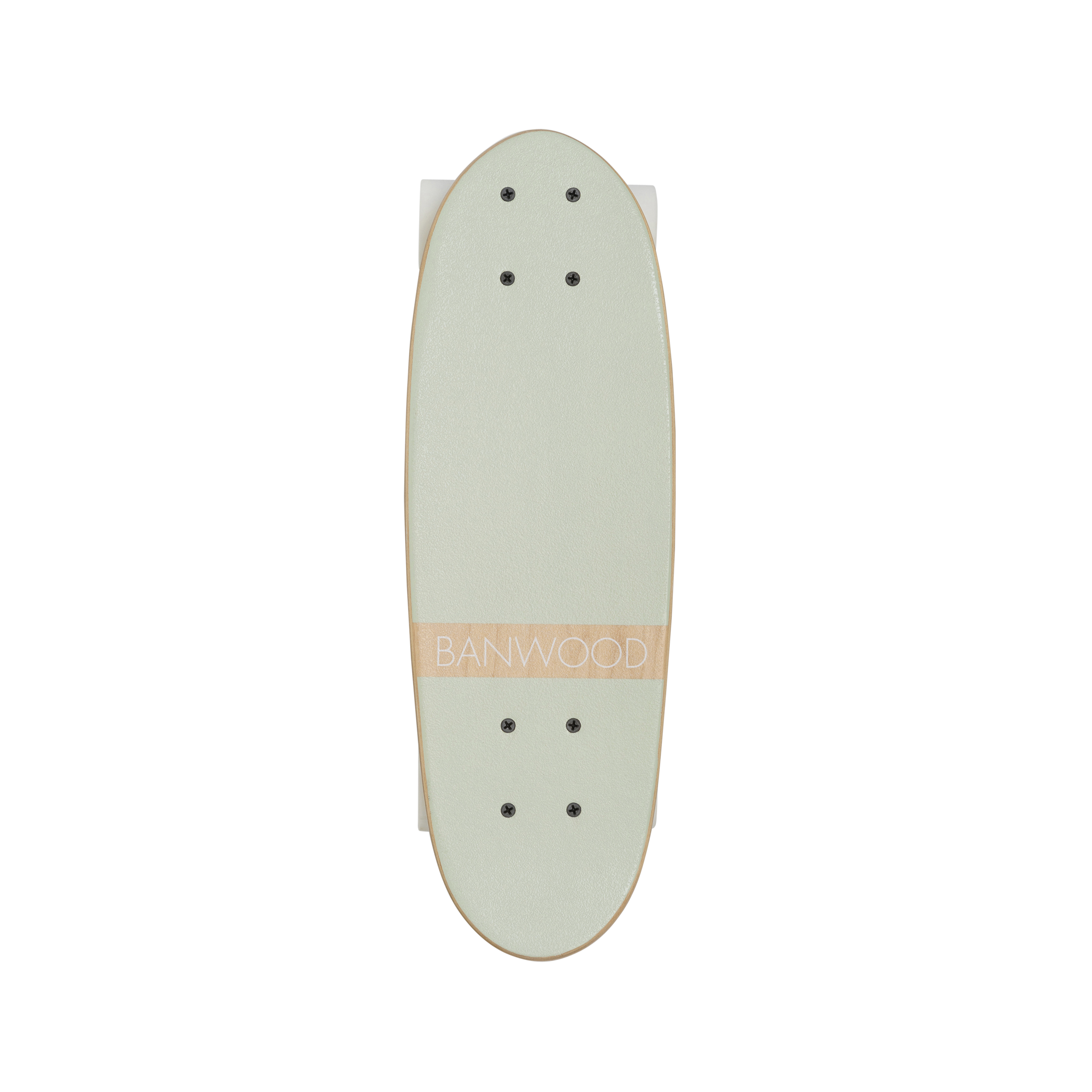 The Banwood - Skateboard Pale Mint by BANWOOD is a vintage-inspired skateboard in mint green, featuring "BANWOOD" on a tan strip. Made from Canadian Maple, it has a minimalist design with visible bolt holes for truck attachment.