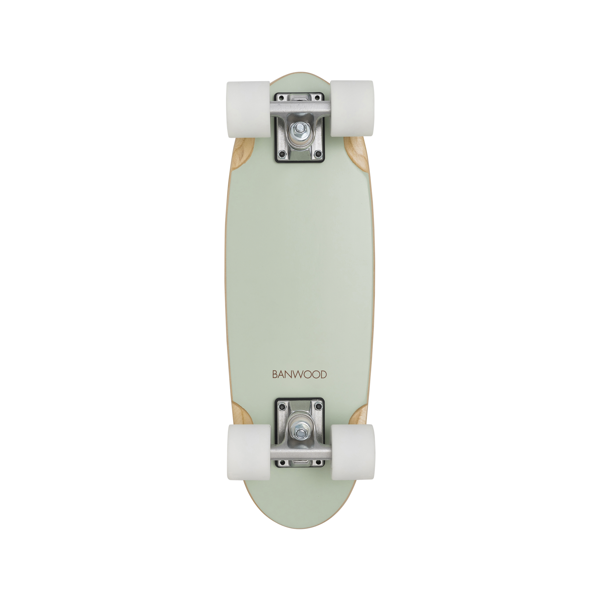 Top view of the Banwood Skateboard in Pale Mint with white wheels and silver trucks, crafted from Canadian Maple. The design, labeled "BANWOOD" at the center, blends classic style with contemporary appeal.