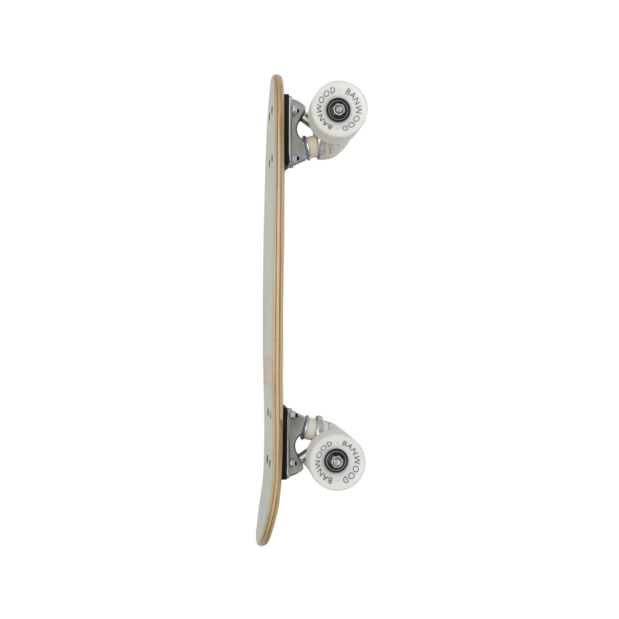 A vintage BANWOOD skateboard stands upright, featuring its wheels and trucks. The Banwood - Skateboard Pale Mint is crafted with Canadian maple, showcasing a natural wood finish that highlights its classic design.