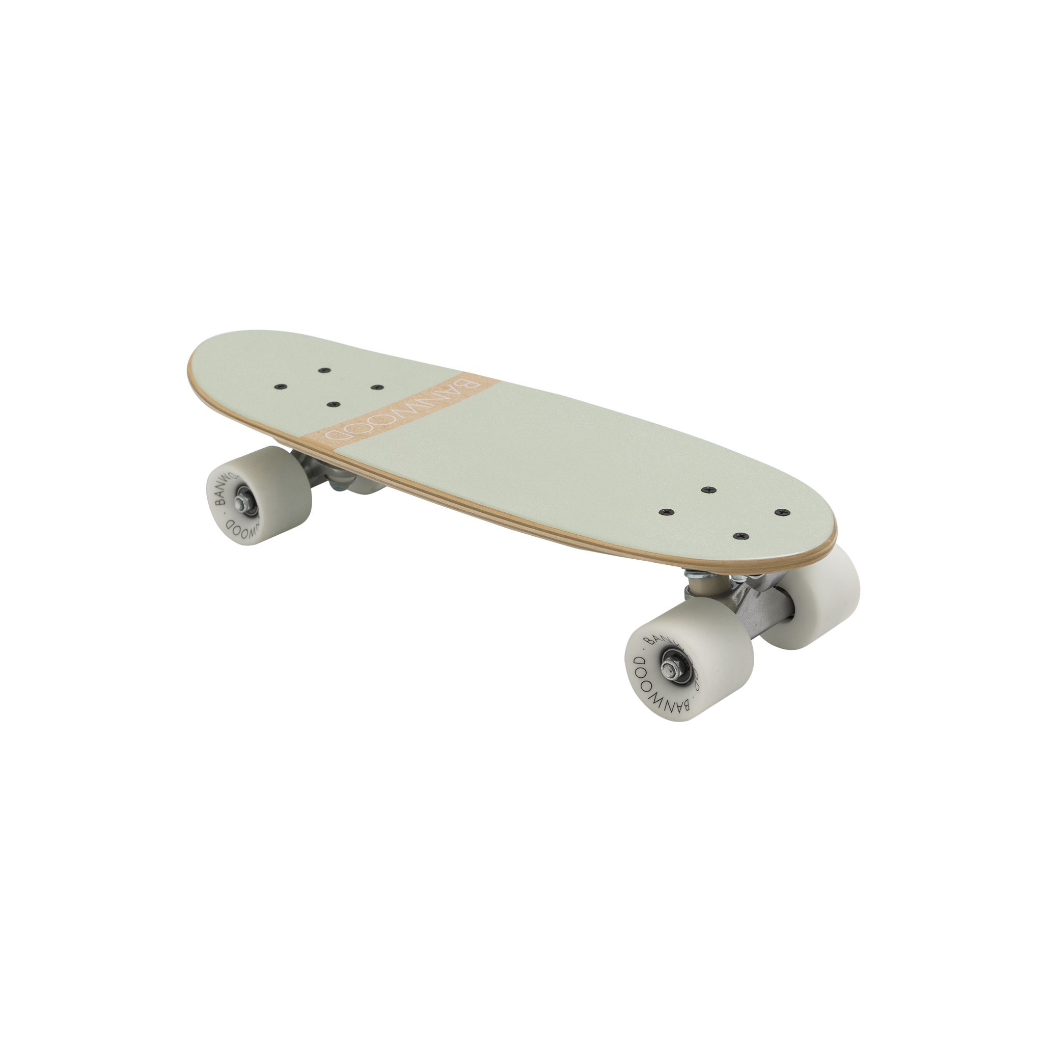 A Banwood Skateboard Pale Mint by BANWOOD showcases a light green Canadian Maple deck with white wheels and metal trucks. Its smooth surface, subtle branding, and angled display highlight the top and side for a vintage look.