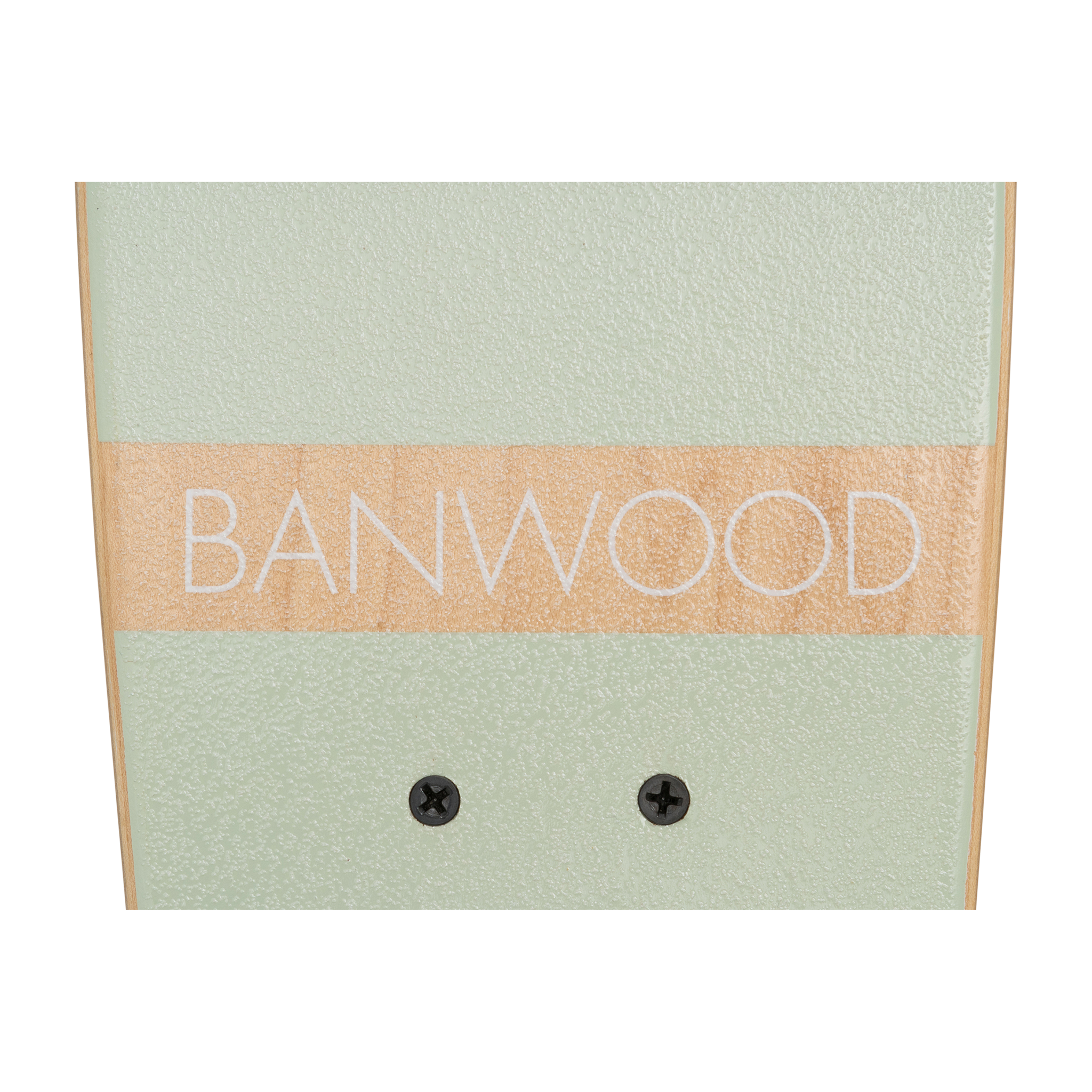 Close-up of a Banwood - Skateboard Pale Mint deck with a mint green and natural wood finish, crafted from Canadian Maple. "BANWOOD" is displayed in white letters across the center for a vintage vibe. Two black screws are visible at the bottom.