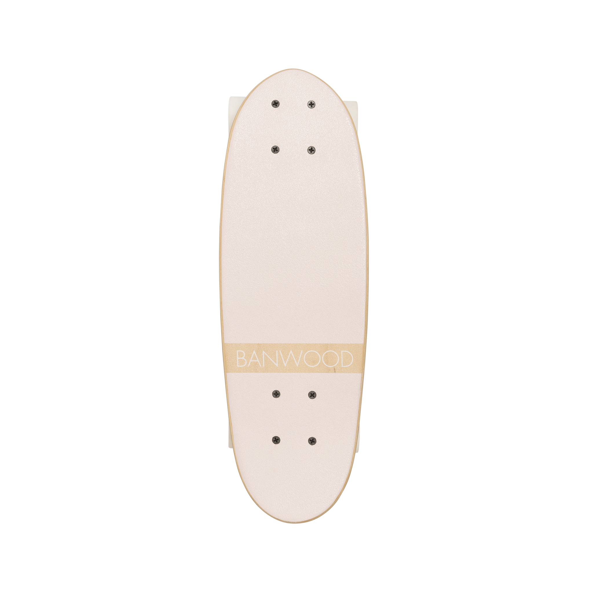 Top view of the Banwood - Skateboard Pink, crafted from Canadian Maple, showcasing black grip tape on the top half and a tan strip at the bottom with "BANWOOD" brand name.