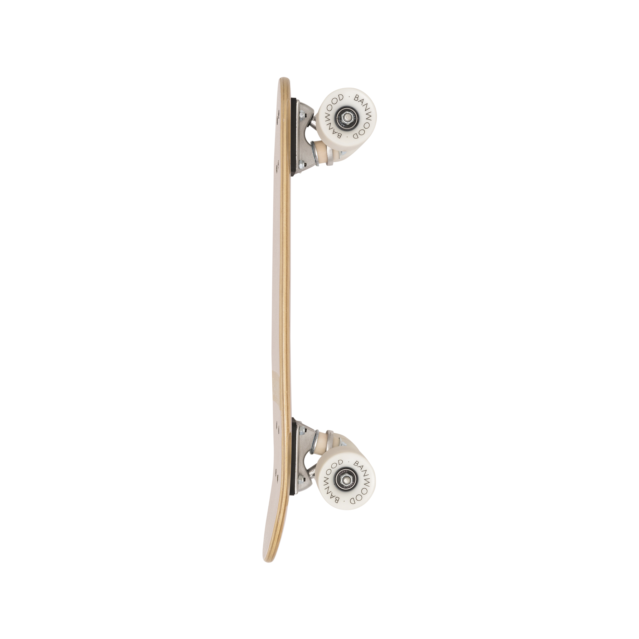 A vertical side view showcases the Banwood - Skateboard Pink by BANWOOD, crafted from Canadian Maple. The wooden layers are visible alongside two white wheels marked with "Good," mounted on silver trucks against a simple white background that elevates the board's elegance.