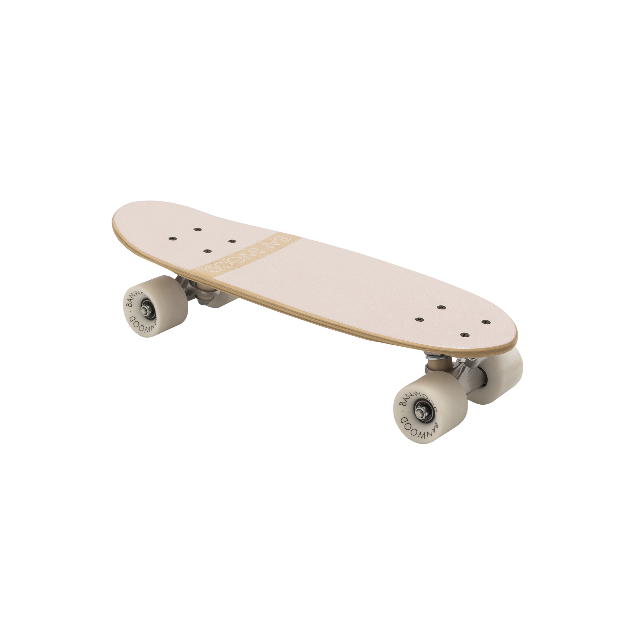The Banwood - Skateboard Pink by BANWOOD is a light beige cruiser board made from Canadian Maple with white wheels. It features a compact, glossy design, with text on the wheels, ideal for cruising and casual skating.