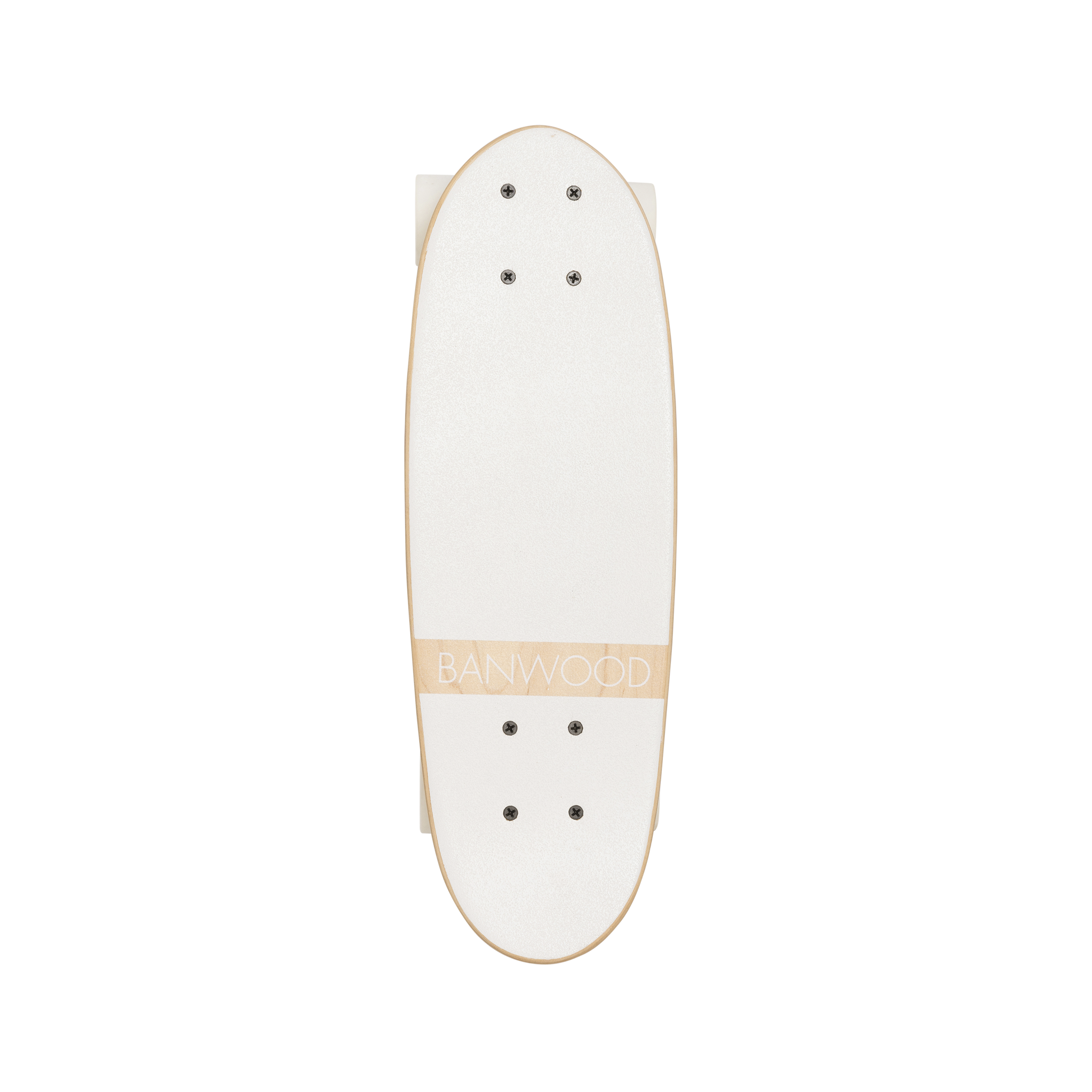 From a top-down perspective, the Banwood - Skateboard White by BANWOOD reveals a minimalist design with a white deck and natural Canadian Maple edges. The word "BANWOOD" is elegantly printed in light brown across the middle, featuring eight screw holes for attaching trucks.