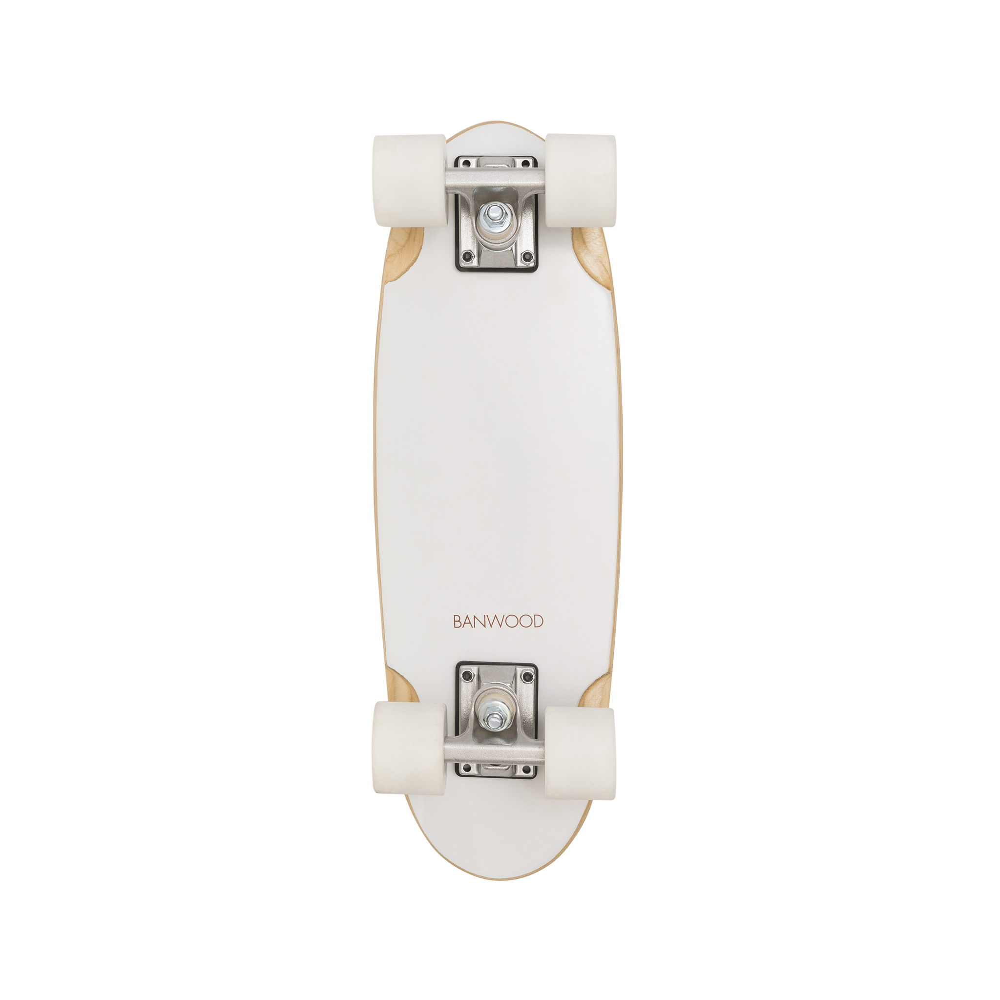 A top-down view showcases the "Banwood - Skateboard White," featuring a sleek, vintage-inspired design. Crafted from Canadian Maple, it has a plain white deck with "BANWOOD" near the bottom, complemented by silver trucks and white wheels on a crisp white background.