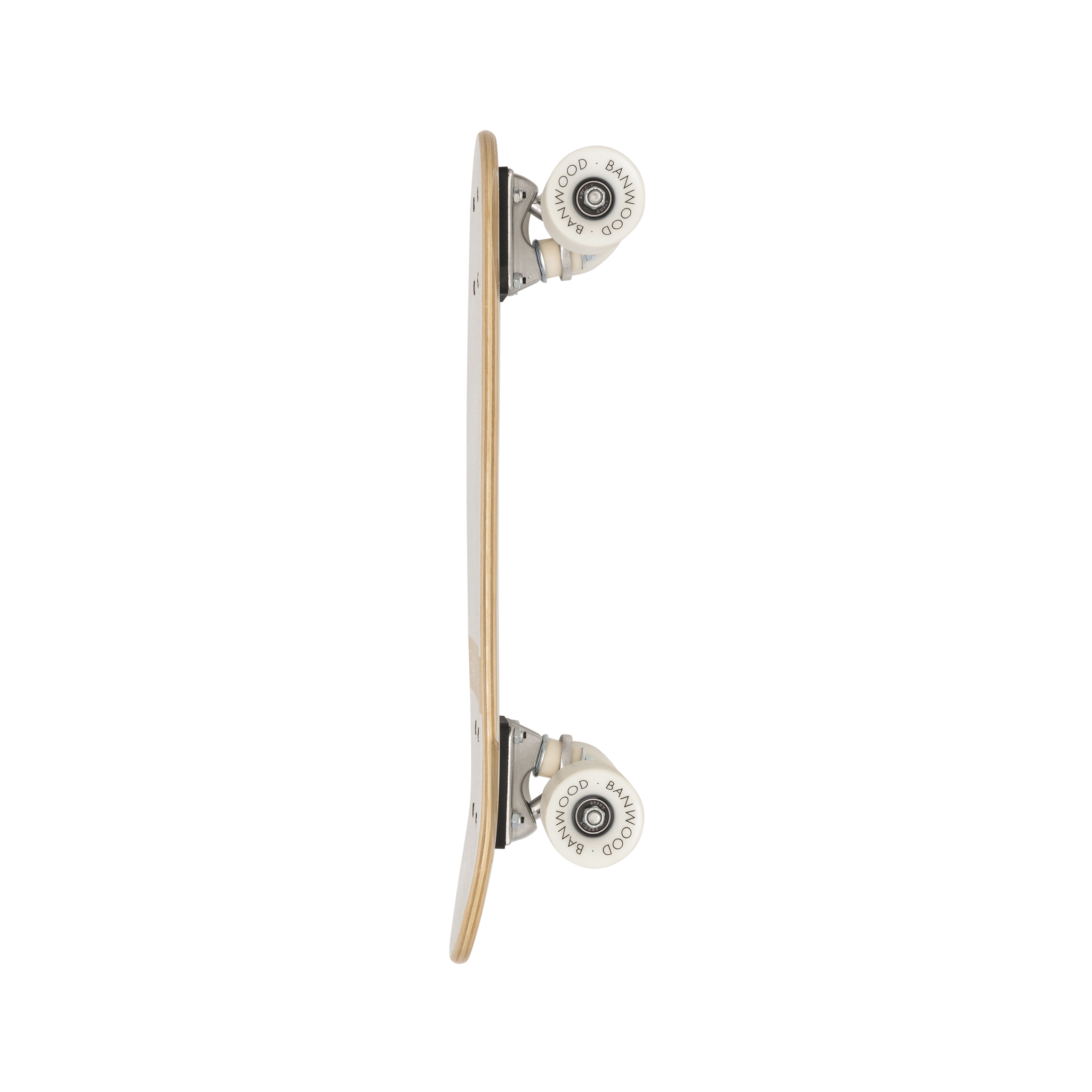 Side view of the Banwood - Skateboard White by BANWOOD, featuring its light-toned deck crafted from Canadian Maple and white wheels with black text.