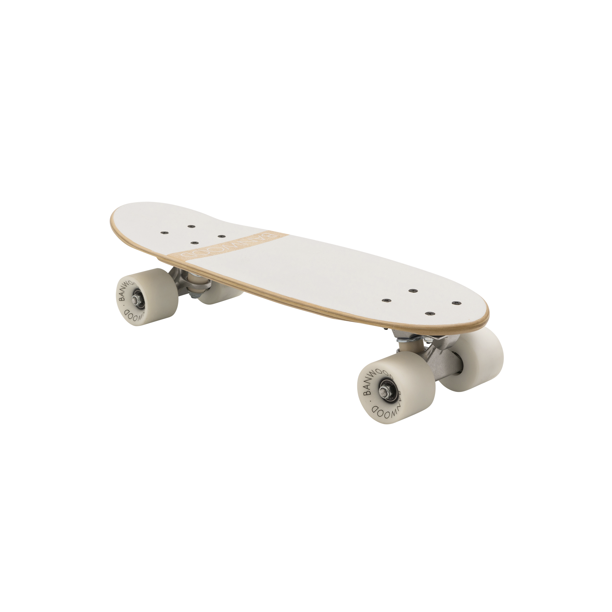 The Banwood Skateboard (White) by BANWOOD features a Canadian Maple deck with a minimalist vintage design. It boasts text-printed wheels and metallic trucks, all set against a plain white surface, resting elegantly against a clean white background.