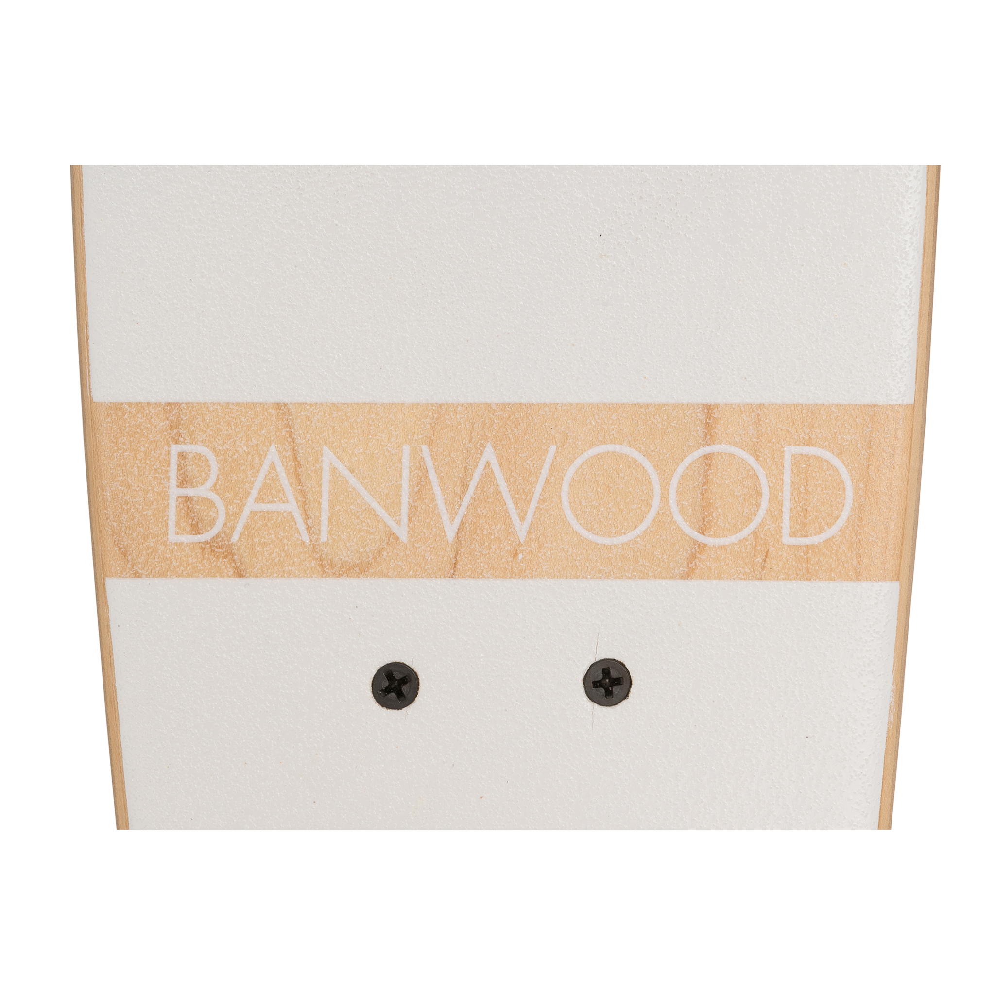 A close-up of the Banwood - Skateboard White shows "BANWOOD" in white on a natural Canadian Maple stripe. It features vintage touches such as two black screws near the bottom, all set against a pristine white background.