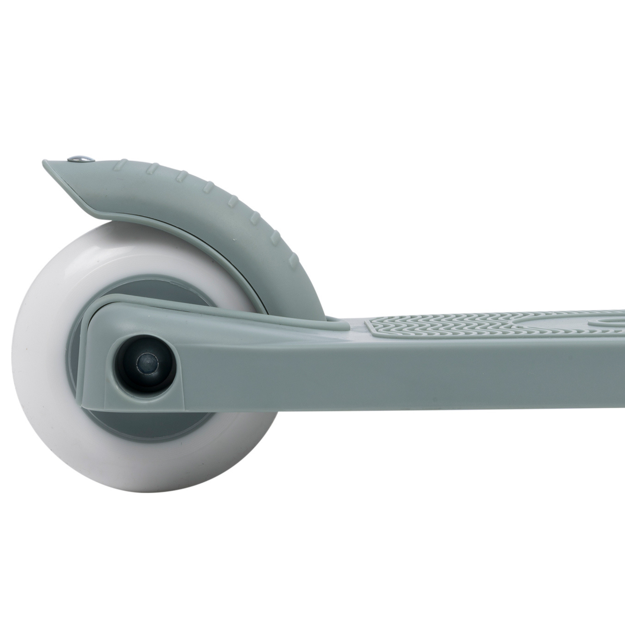 Close-up of the Banwood Eco Scooter Teal's rear wheel with a white tire made from recycled plastic, partially covered by a textured gray fender. The deck has a textured grip surface, set against a plain white background to emphasize its sustainability.
