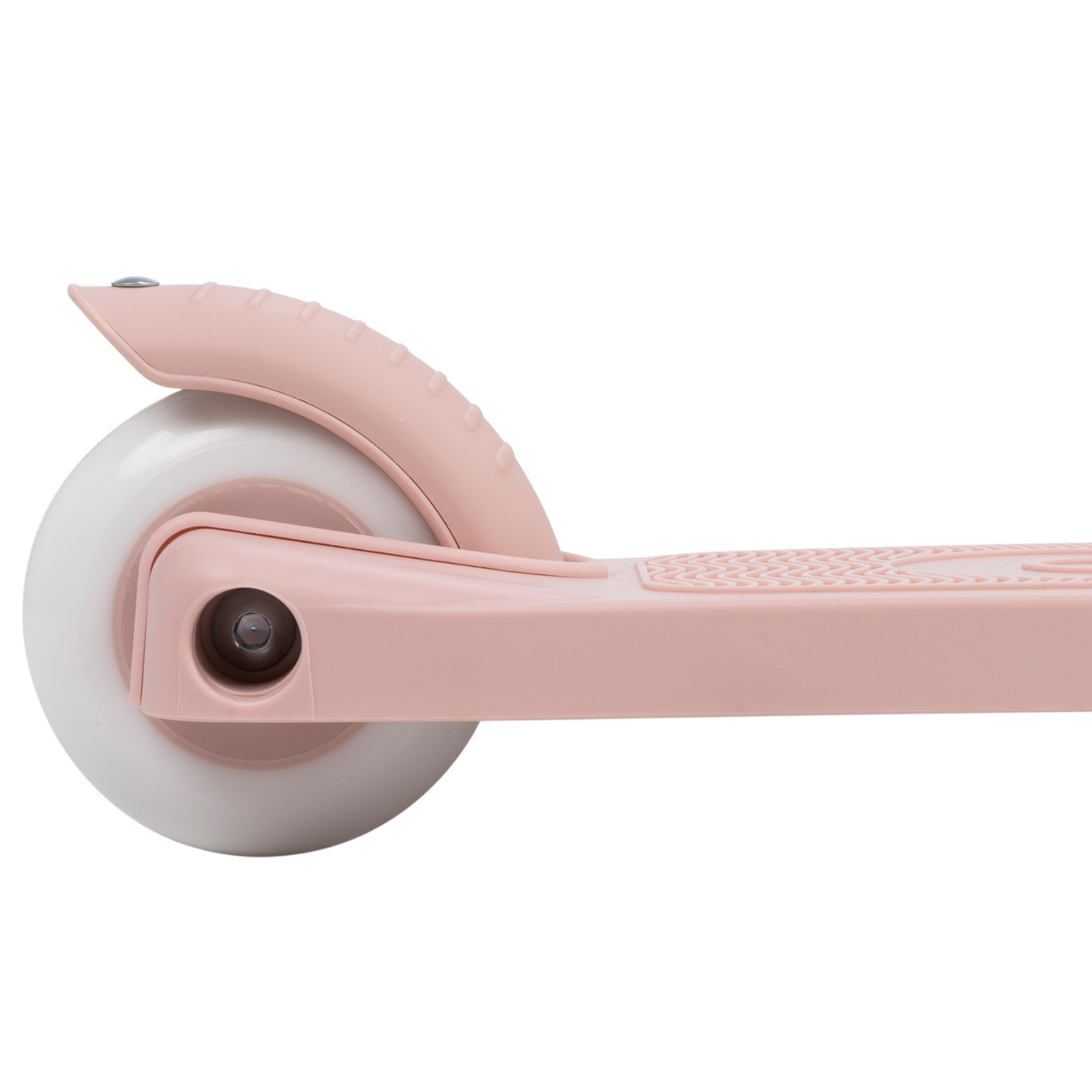 Close-up of the rear end of a Banwood - Eco Scooter Faded Pink, showcasing a white wheel. This BANWOOD scooter features a textured deck and a curved fender with a small metal screw, highlighting sustainability with its design partly made from recycled plastic.
