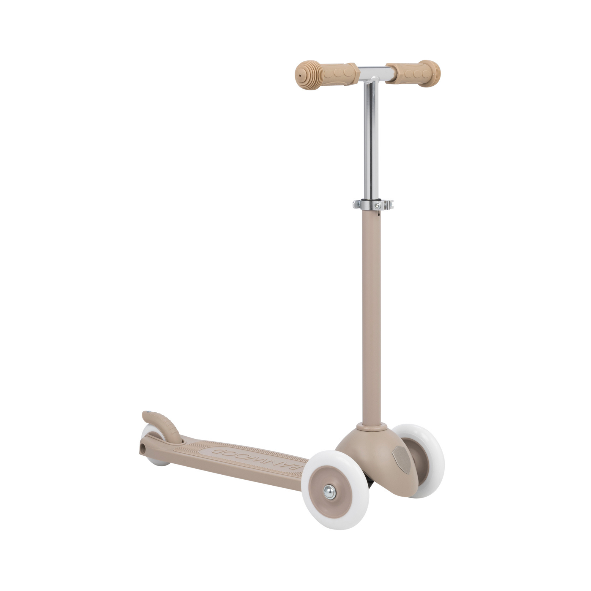 Meet the Banwood Eco Scooter Sand by BANWOOD, a beige three-wheeled scooter made from recycled plastic. It sports a T-shaped handlebar with rubber grips and white wheels, offering a sleek, sustainable design perfect for kids.