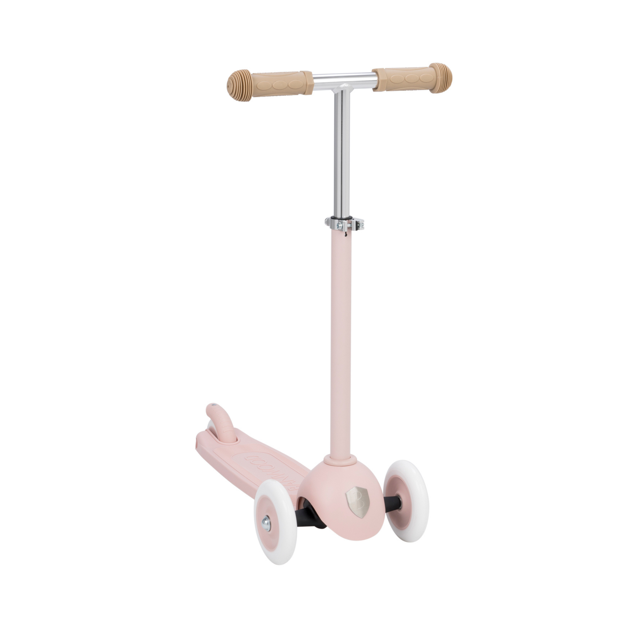 The Banwood Eco Scooter - Faded Pink is a three-wheeled scooter featuring a silver T-bar, brown grips, and white wheels. Made from recycled plastics by BANWOOD, it embodies sleek design and sustainability.