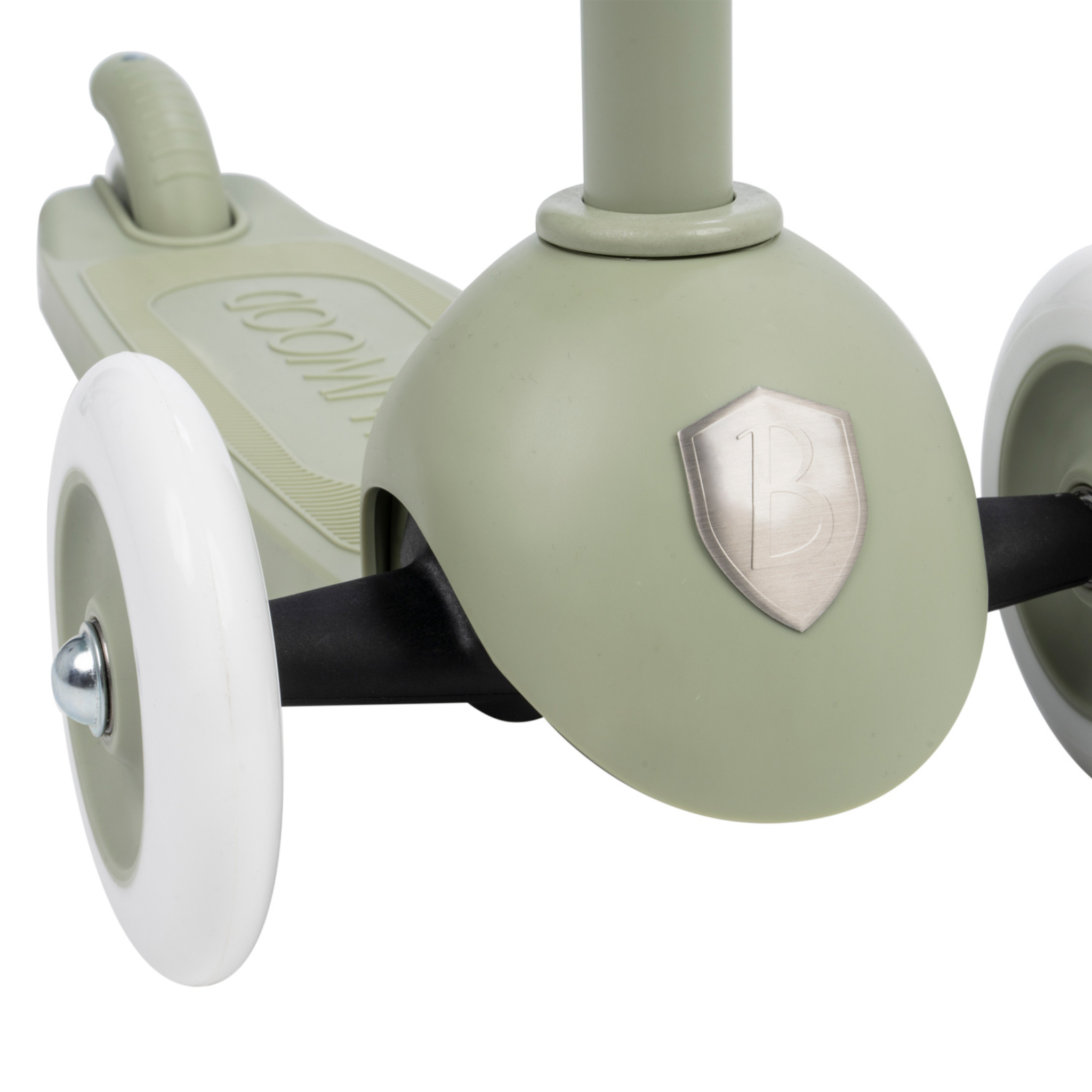 Close-up of a BANWOOD Eco Scooter Olive made from 100% post-consumer recycled plastic. This sleek, minimalistic three-wheeled scooter boasts a front shield-shaped emblem, white wheels, and a textured footboard for smooth rides using the Easy Ride Steering System.