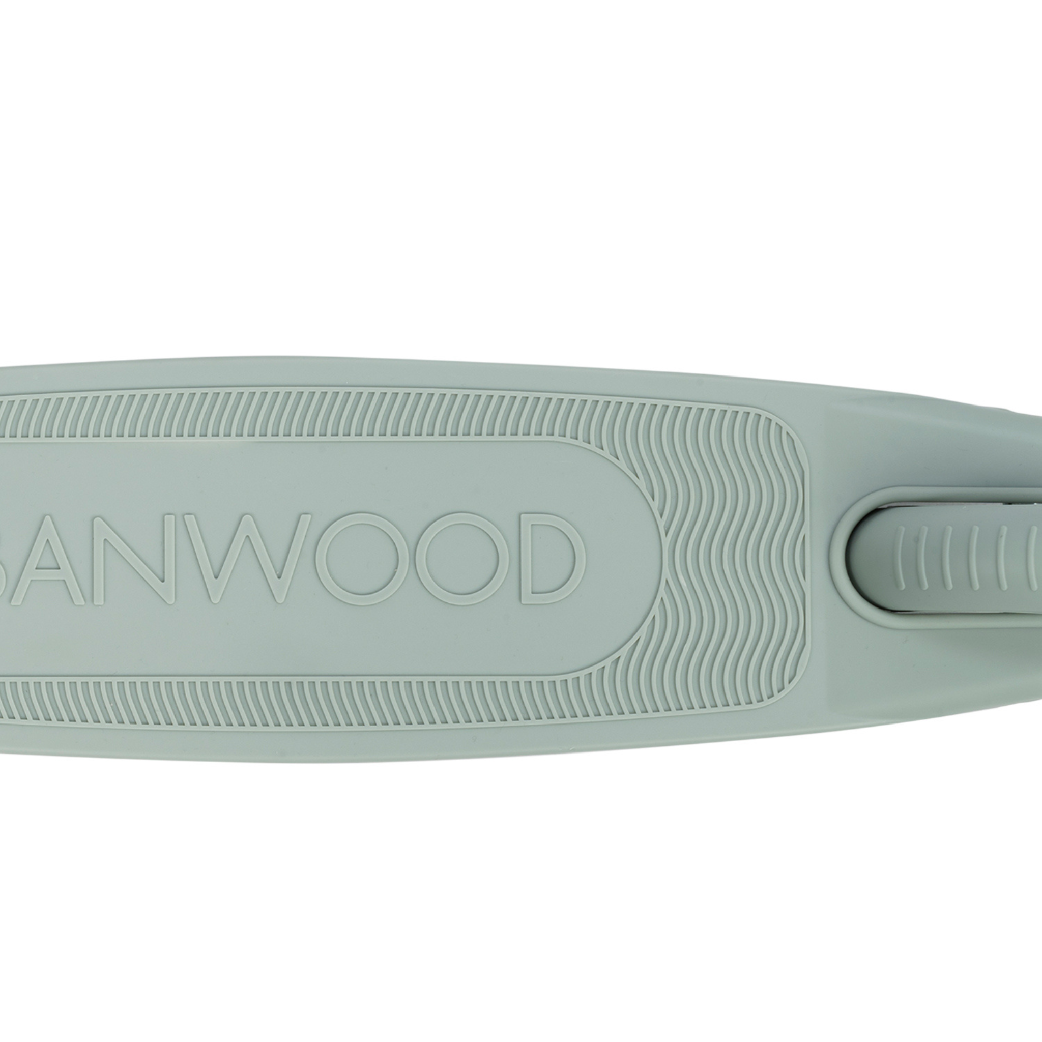 A close-up of a light gray surface made from recycled plastic showcases a textured area. "BANWOOD" embossed at the center embodies sustainability. A subtle wave pattern on the right reflects the eco-friendly design of the Banwood Eco Scooter Clay by BANWOOD.