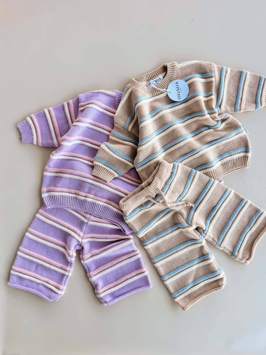 Freckles The Label - Raised Stripe Knit Set Oat/Arctic/Snow