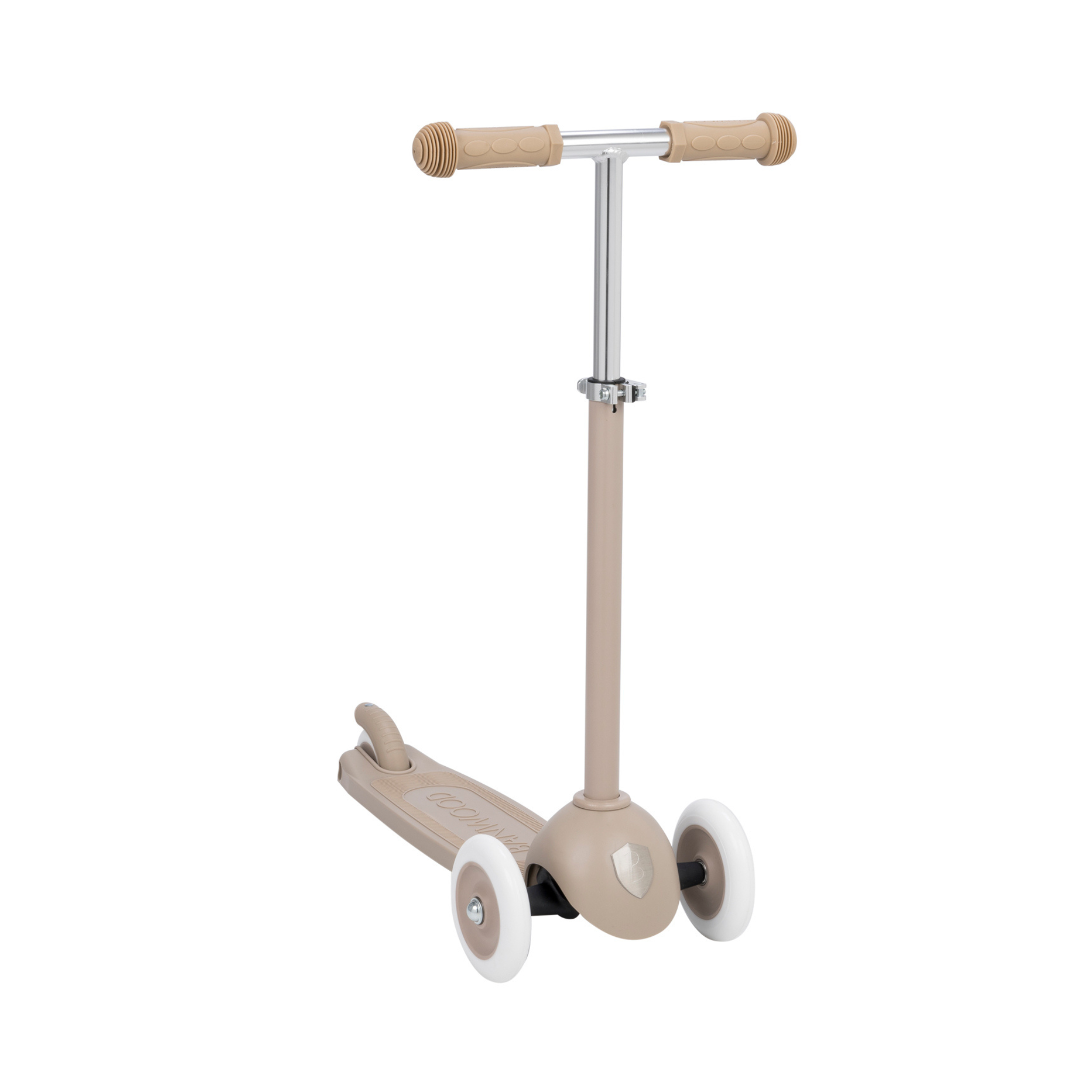 Introducing the Banwood Eco Scooter Sand by BANWOOD: a sustainable three-wheeled beige scooter made from recycled plastic. It includes a T-bar handle, white wheels, beige handle grips, and a silver stem for stability with eco-friendly style.
