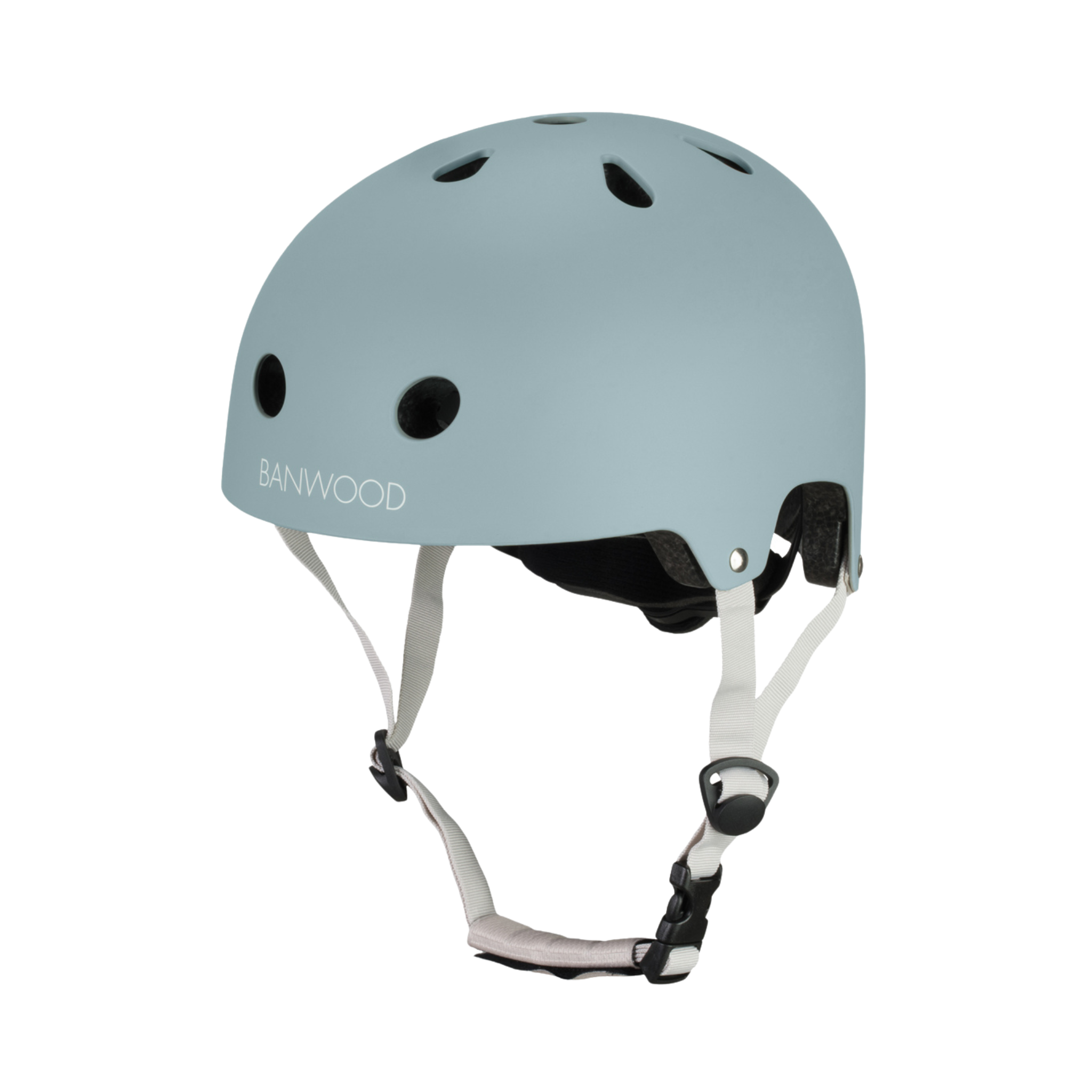 A teal Banwood Eco Helmet by BANWOOD, made from recycled materials, includes multiple ventilation holes and an adjustable white chin strap on a plain white background.