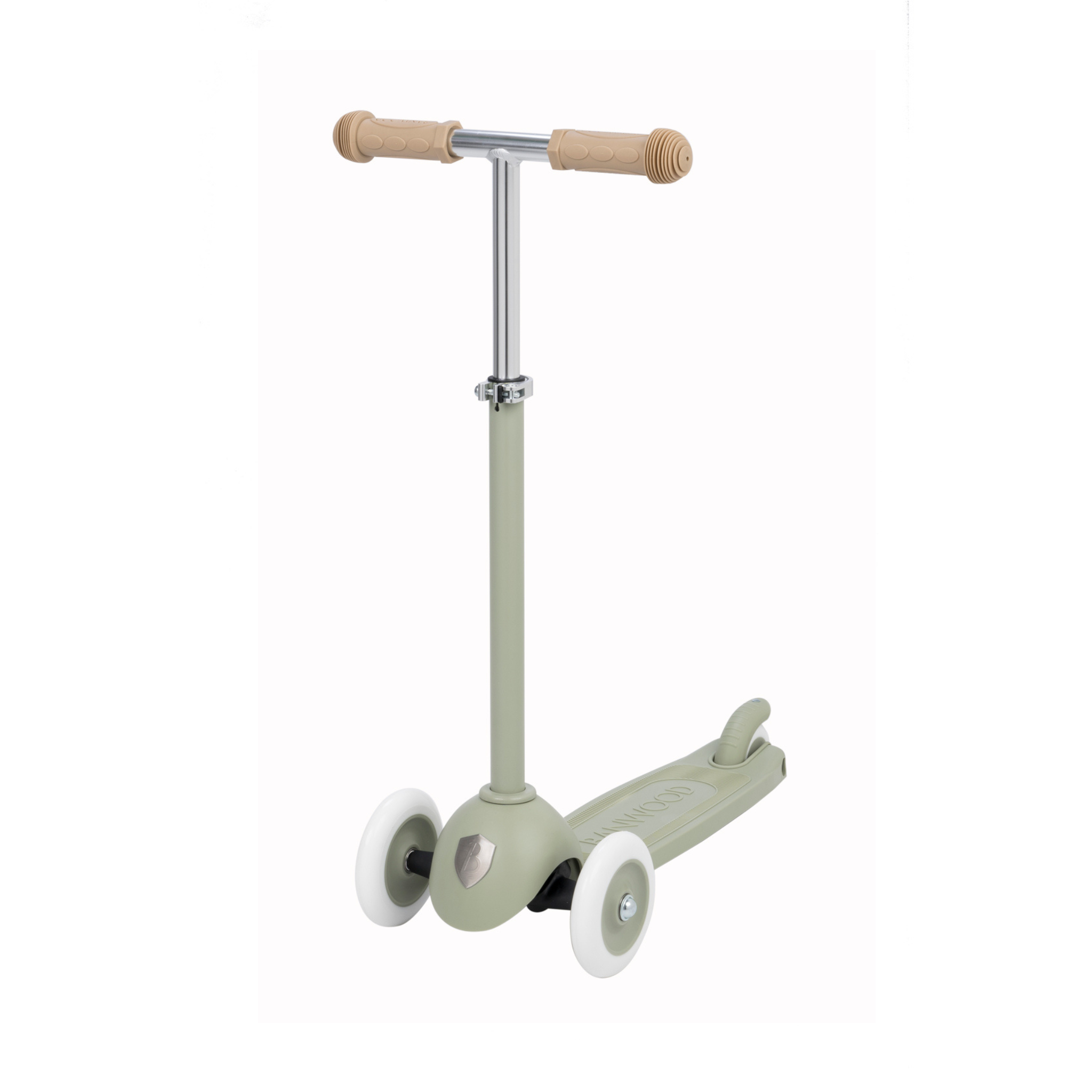 Introducing the Banwood Eco Scooter Olive, made with 100% post-consumer recycled plastic. This children's scooter by BANWOOD features a light green frame, beige handles, and an Easy Ride Steering System. Its minimal design includes three white wheels, perfect for young kids.