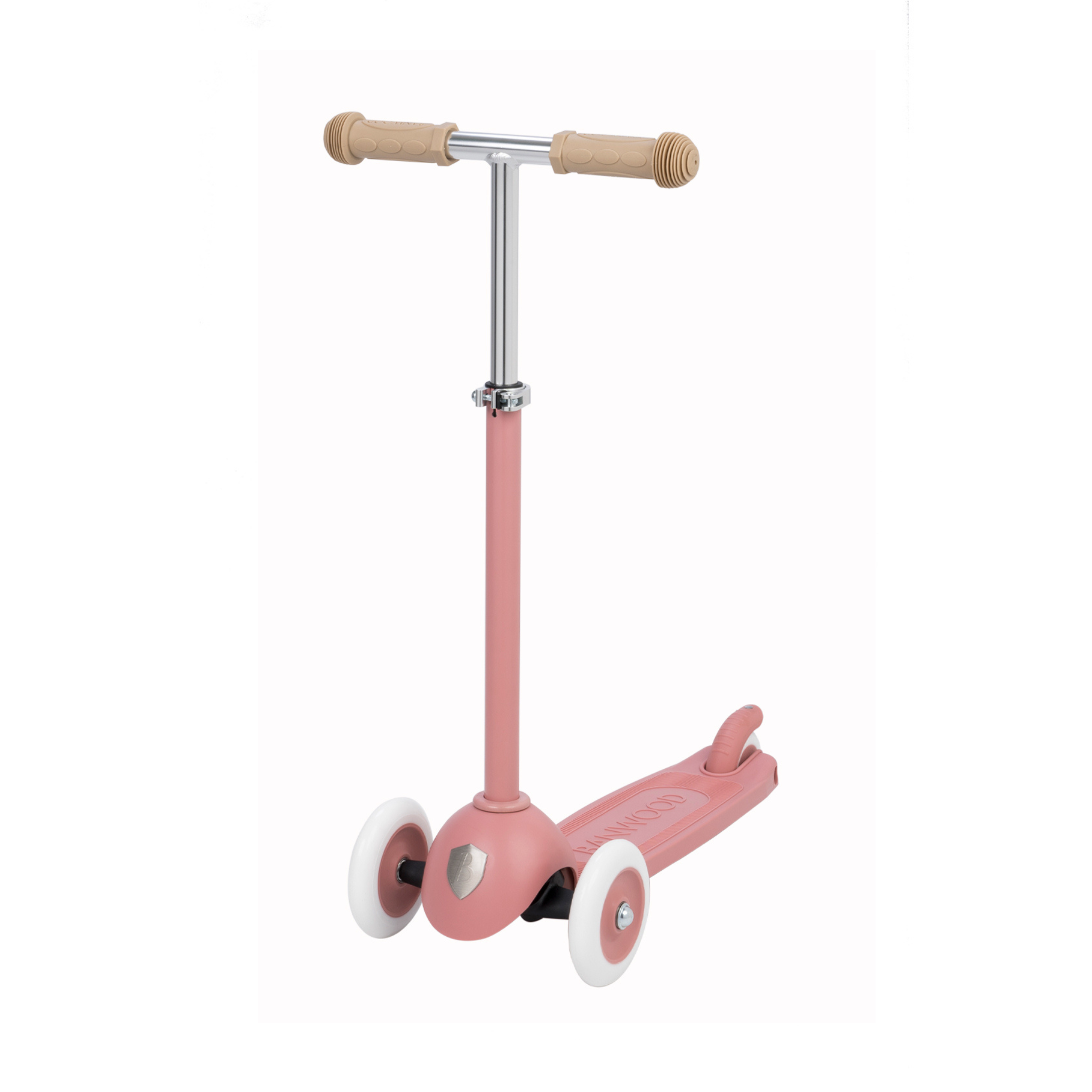 Introducing the BANWOOD Eco Scooter Raspberry: a pink children's scooter with beige handles and three wheels, crafted sustainably. Made from recycled plastic, its sturdy frame and grippy footboard offer style, practicality, fun, and safety for young adventurers.