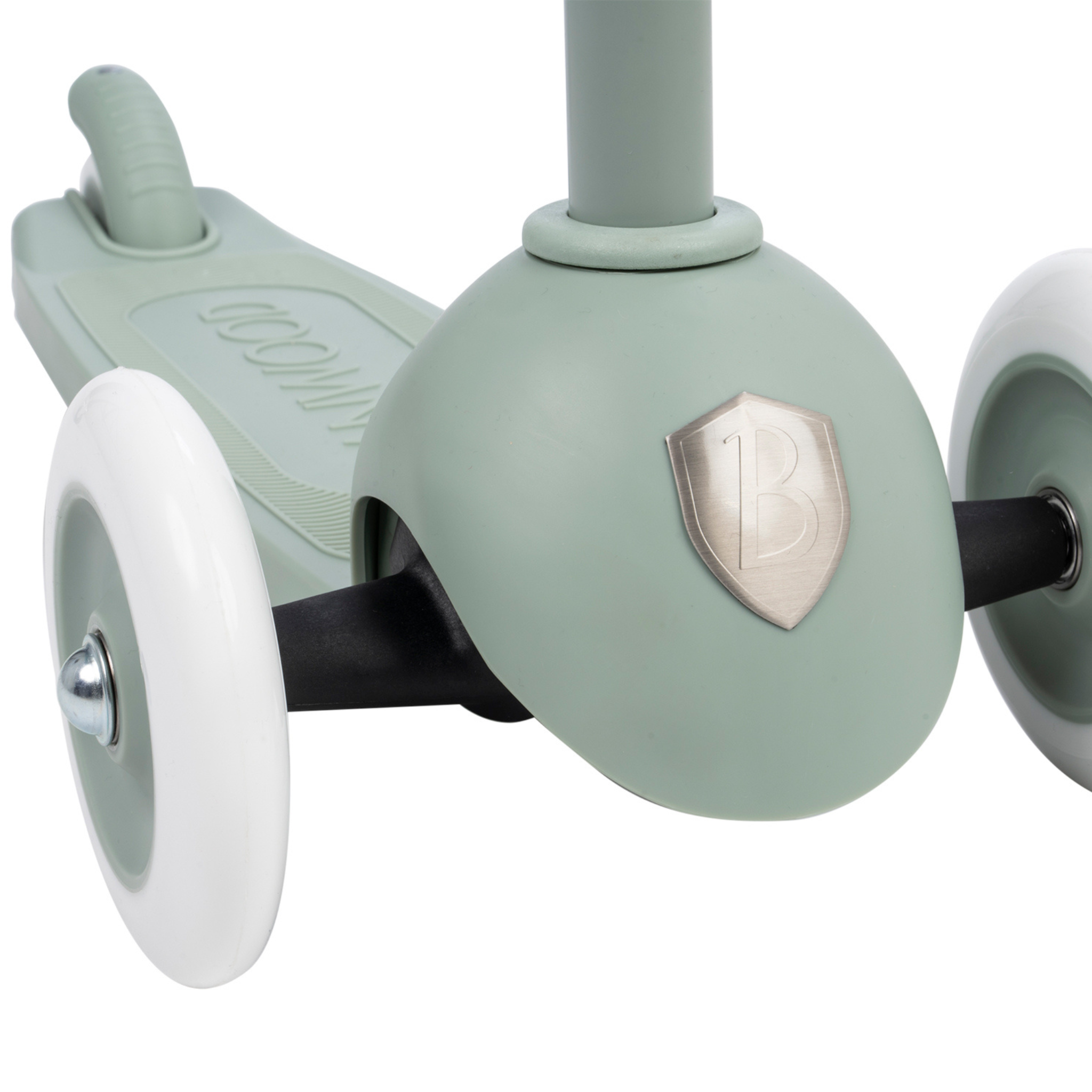 Close-up of a BANWOOD Eco Scooter in clay. Designed for sustainability, it has white wheels, an embossed smooth platform, and a front metallic badge made from recycled plastic for an eco-friendly ride.