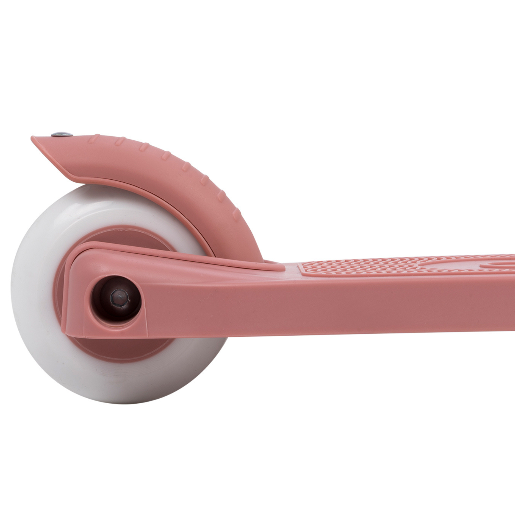 Close-up of the Banwood Eco Scooter Raspberry showcases its white wheel and pink deck, crafted from recycled plastic for sustainability.