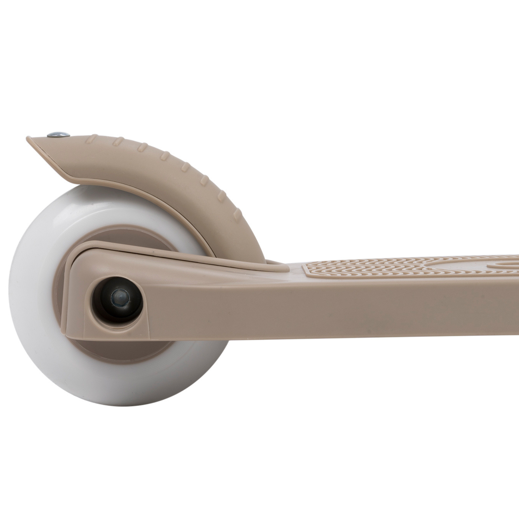 Close-up of the rear wheel and deck of a Banwood Eco Scooter Sand with a white tire. The recycled plastic deck has a textured surface, and the rear fender elegantly curves over the wheel.