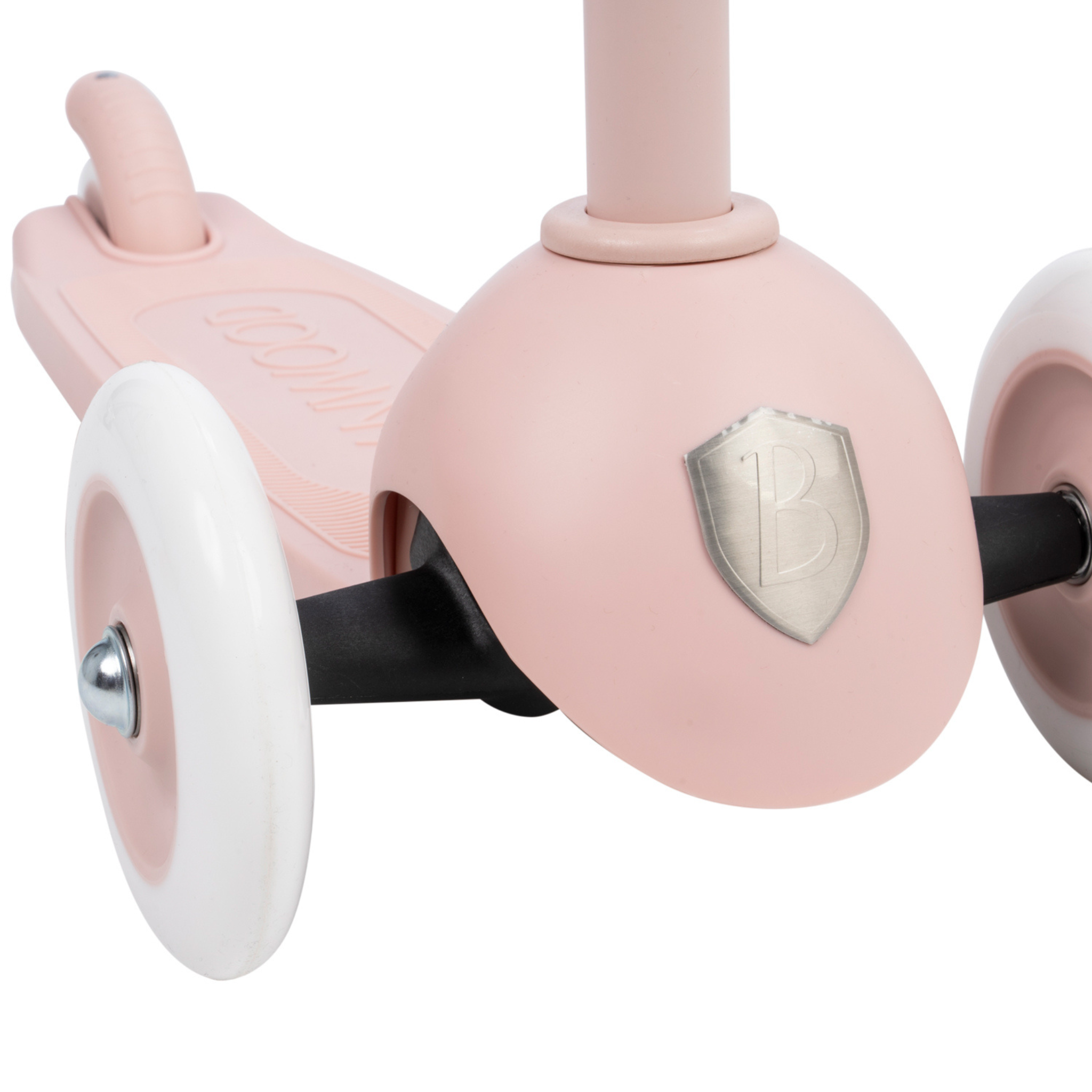 Close-up of a BANWOOD Eco Scooter Faded Pink featuring a sturdy base, white wheels, and a metallic "B" emblem. Its sleek modern design is crafted from recycled plastic, promoting sustainability for young riders.