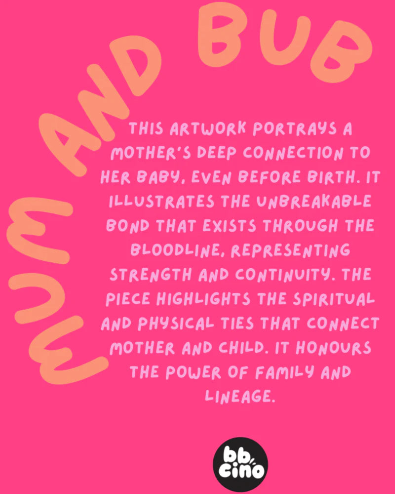 Pink graphic with “MUM AND BUB” in bold orange letters celebrates a mother’s deep bond with her baby and family. Features the BBCINO logo and promotes the eco-friendly BBcino Reusable Babycino Cup 120ml, made from sustainable bamboo.