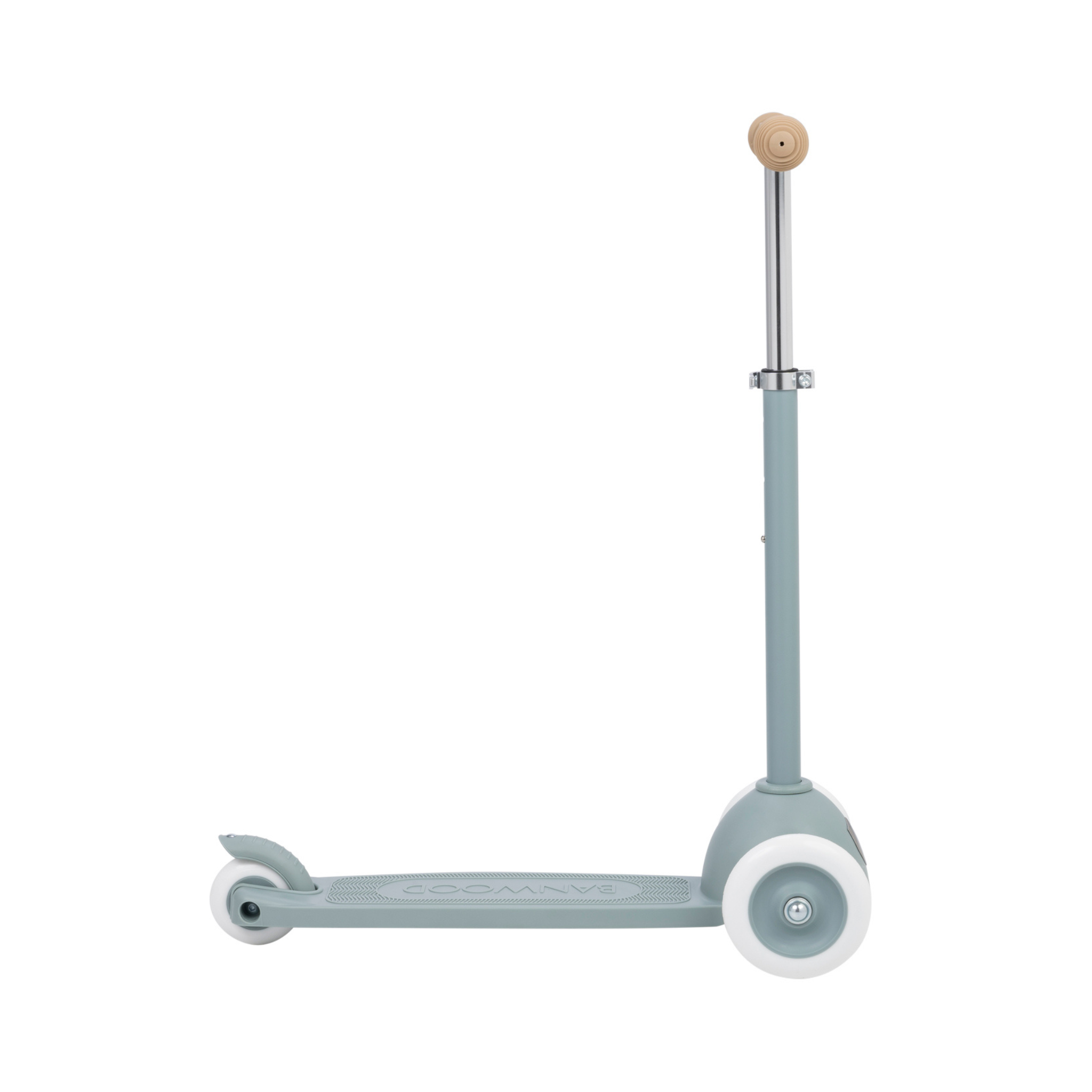 Meet the Banwood Eco Scooter Teal by BANWOOD, a stylish kick scooter made from recycled plastic. It features an adjustable silver handlebar with beige grips, three white wheels—two larger front wheels and a smaller back one—and a wide deck for enhanced stability and sustainability.