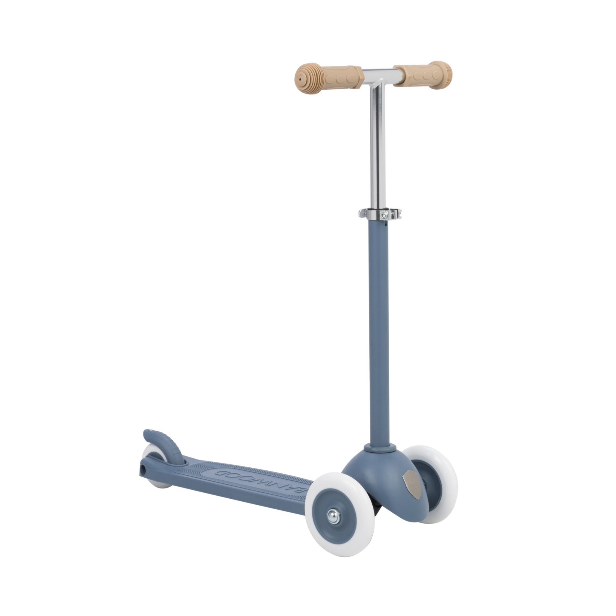 The Banwood - Eco Scooter Deep Sea by BANWOOD is a blue, three-wheeled eco-friendly scooter featuring a silver handlebar and beige grips made from recycled plastic. It has a sturdy frame with white wheels and is designed for children.