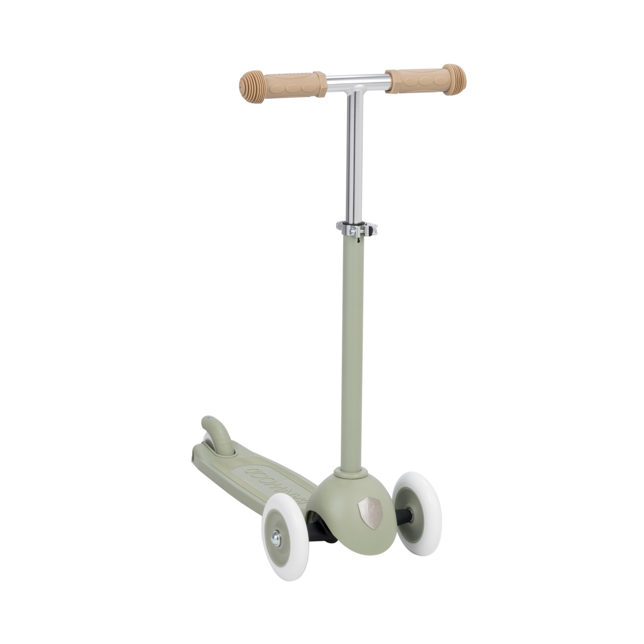 Introducing the Banwood Eco Scooter Olive, crafted by BANWOOD with 100% post-consumer recycled plastic. This olive children's scooter features a T-shaped handlebar, beige grips, two white front wheels, one rear wheel for stability, a sleek minimalist frame, and an Easy Ride Steering System.