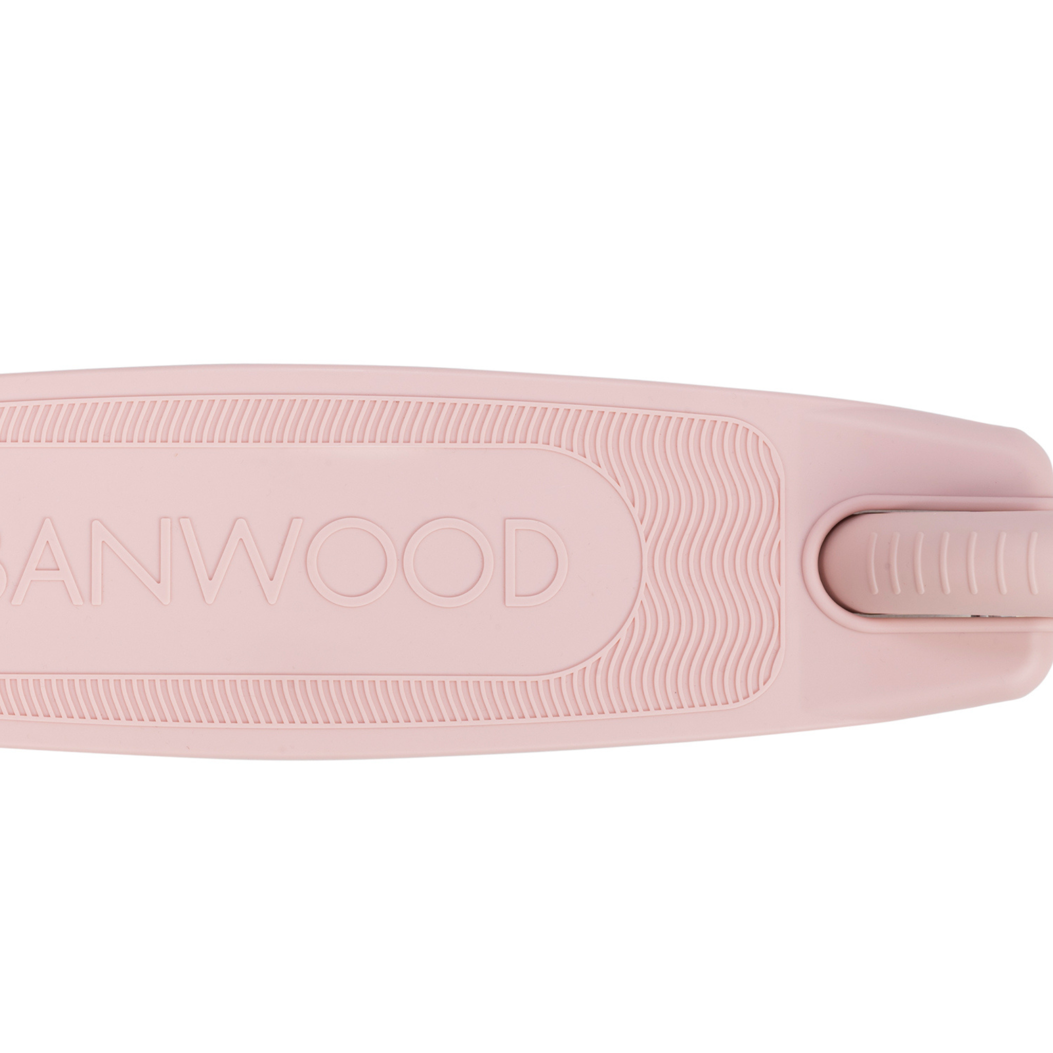 Close-up of Banwood's Eco Scooter Faded Pink, featuring a skateboard deck made from recycled plastic. The brand name BANWOOD is engraved on its textured surface, highlighting the grip and intricate details that showcase a commitment to sustainability.