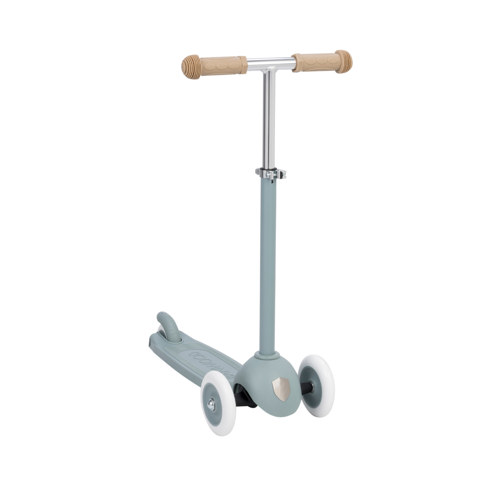The BANWOOD Eco Scooter Teal features tan handles and three white wheels. With a metal T-bar, this children's scooter has a sleek design crafted from recycled plastic, emphasizing sustainability.