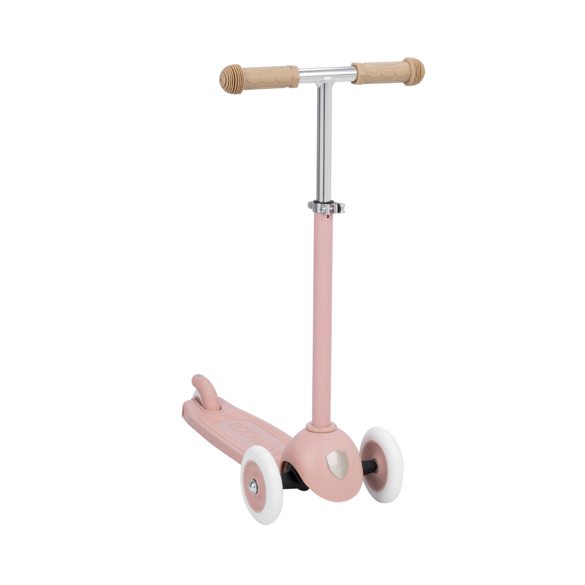 The Banwood Eco Scooter Dusty Rose by BANWOOD boasts a minimalist design with a metal stem, tan handles, white wheels, and a recycled plastic deck with a kickstand, promoting sustainability and perfect for kids.