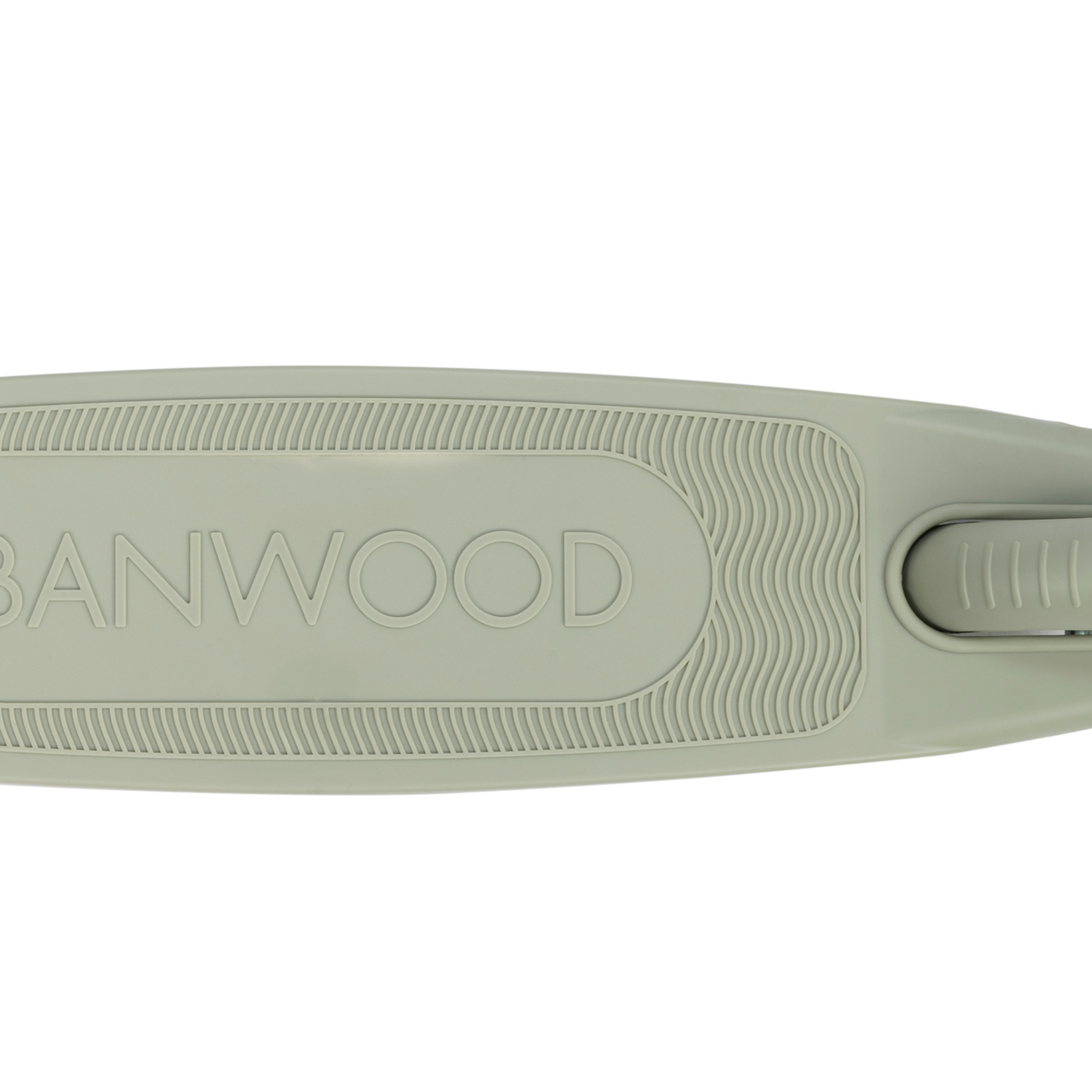 Close-up of a pastel green Banwood - Eco Scooter Olive deck with "BANWOOD" embossed on it, crafted from 100% post-consumer recycled plastic. It features wavy grip patterns along the edges with a glimpse of the wheel arch.