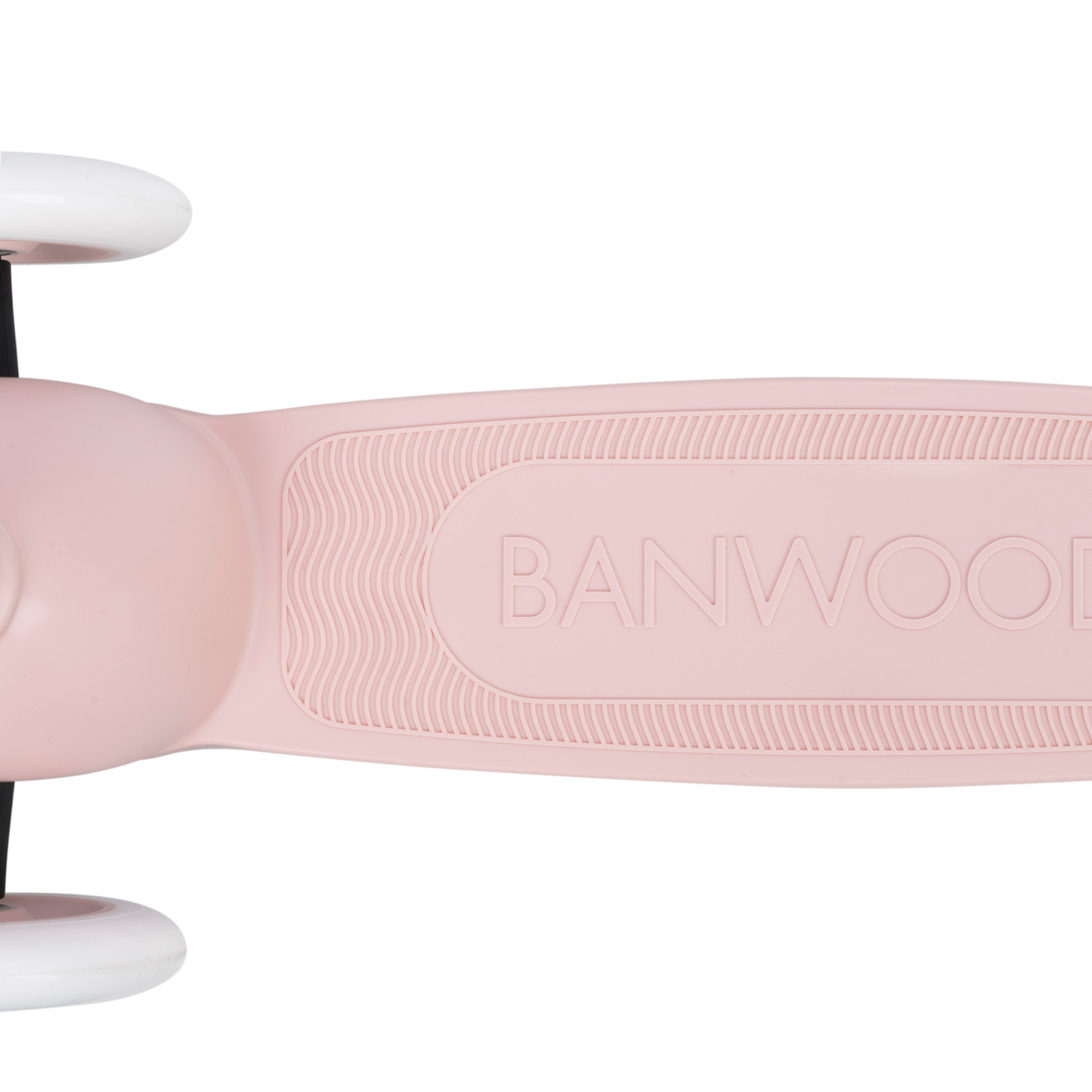 Close-up of the Banwood Eco Scooter Faded Pink with "BANWOOD" embossed on its deck. The image highlights the handlebar and white wheels, along with the sustainably designed textured footrest made from recycled plastic.