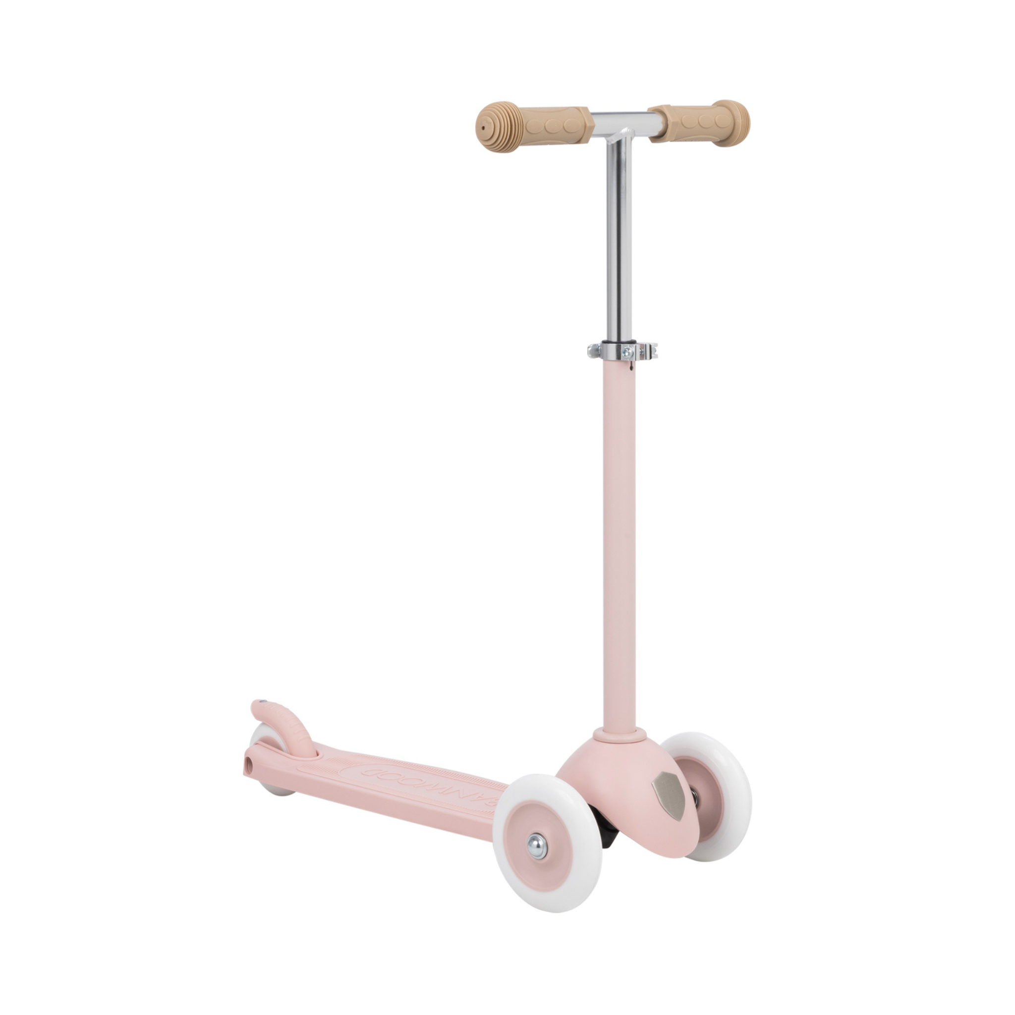 The Banwood - Eco Scooter Faded Pink, by BANWOOD, is a children's scooter with three white wheels, a metal T-bar handle, and beige grips. Made from recycled plastic for sustainability, its wide deck enhances safety.
