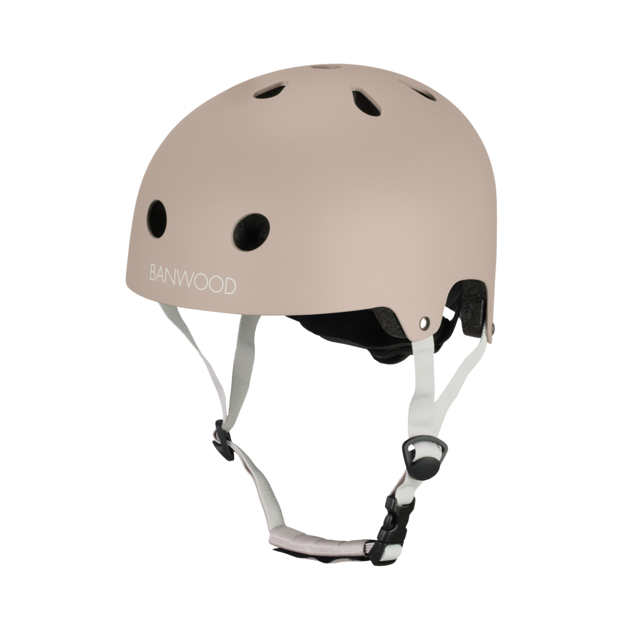 Meet the Banwood Eco Helmet Sand: a beige helmet made from recycled materials with ventilation holes, white adjustable straps, and a black buckle. "BANWOOD" is elegantly printed in white on the side, combining safety with sustainability.