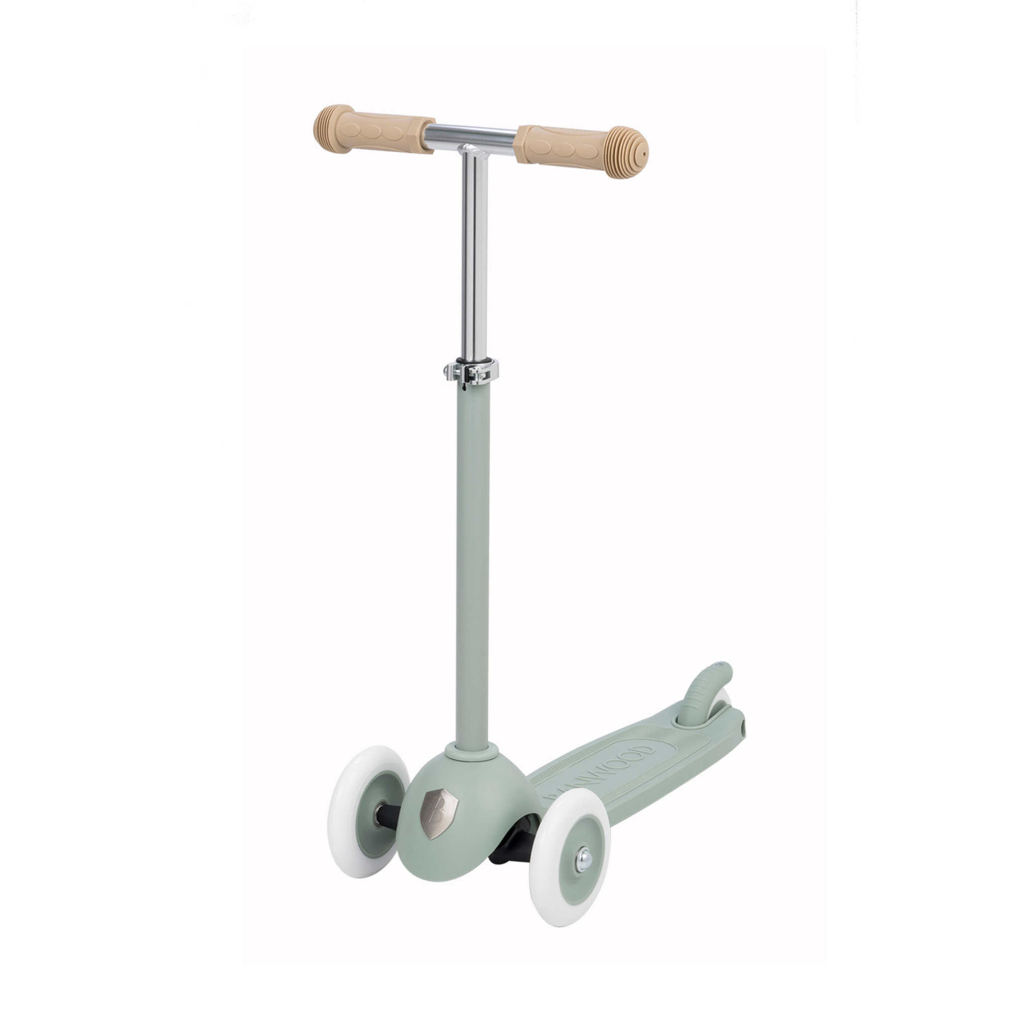 The Banwood Eco Scooter in clay, from BANWOOD, features a sleek design made of recycled plastic. It comes with beige handles, white wheels, a foot brake on the rear wheel, and a silver vertical handlebar stem, making it an eco-friendly three-wheeled scooter choice.