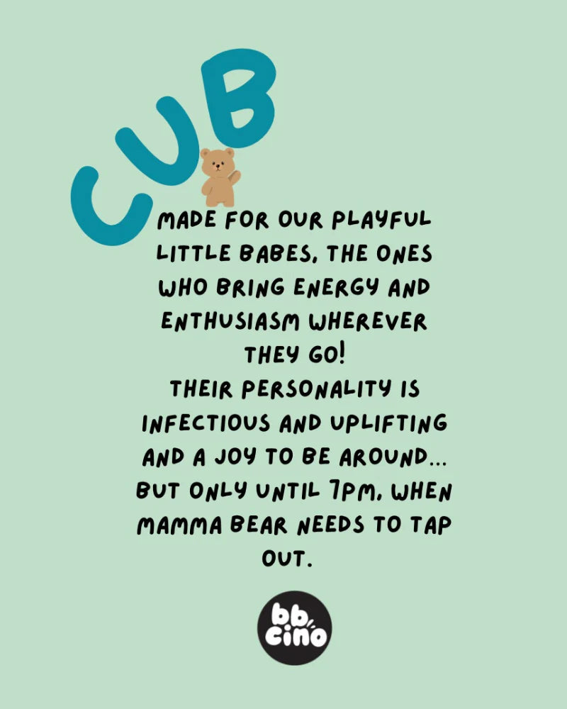 The BBcino ~ Reusable Babycino Cup 120ml Cub features a light green background with "CUB" and a small brown bear illustration. It's crafted from sustainably farmed bamboo, bringing playful energy to little ones—perfect until 7PM when Mamma Bear taps out. Adorned with the BBCINO logo.