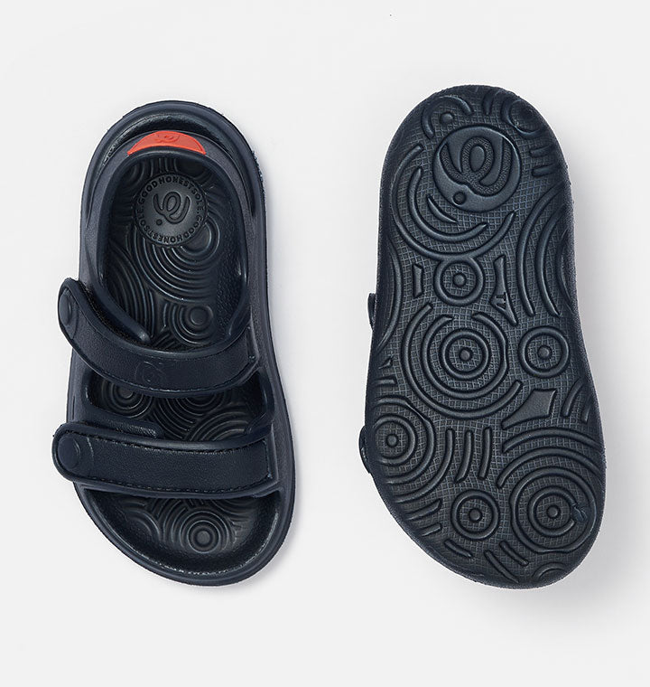 Top and sole view of Simples WonderSkips sandals in Bondi Blue