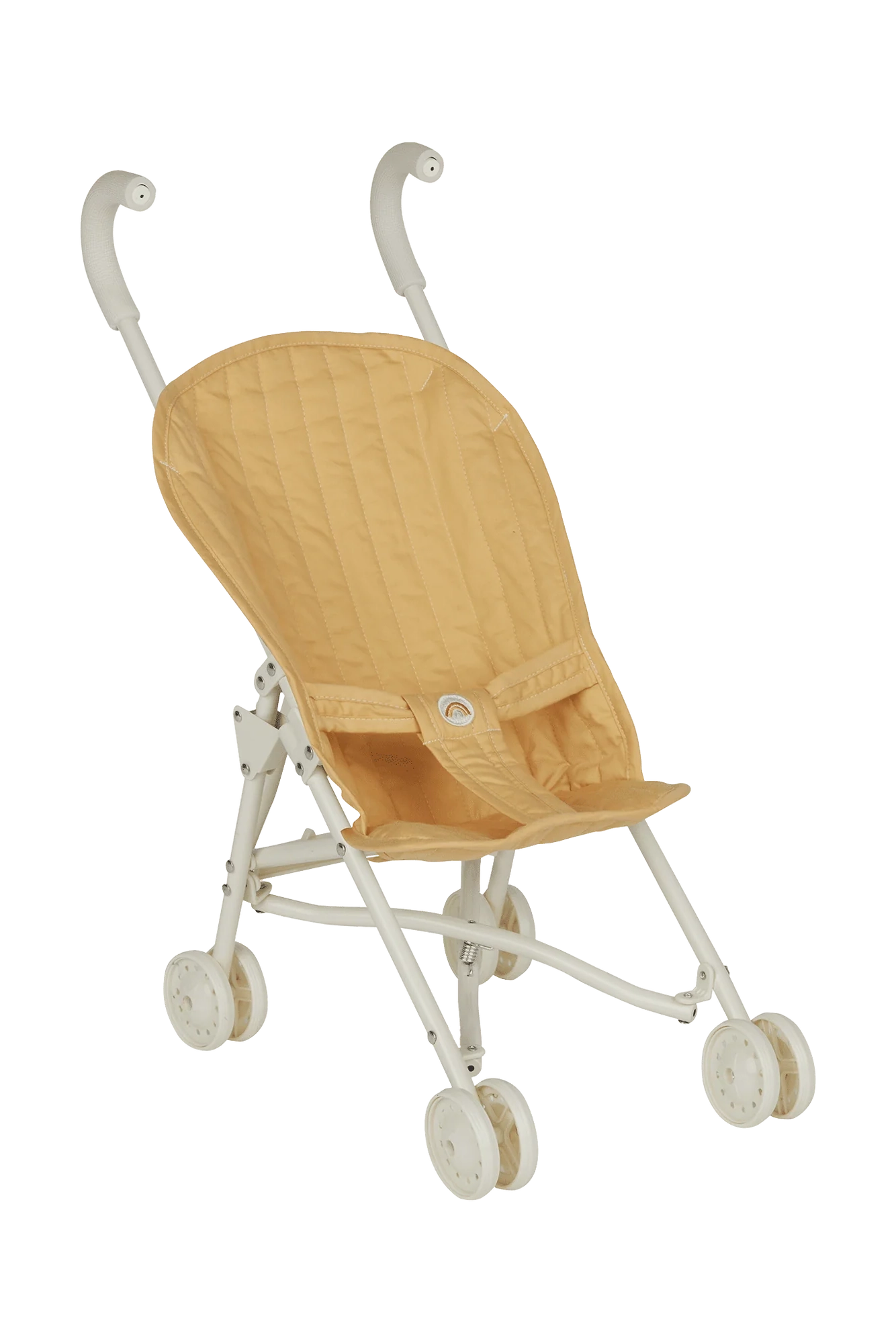 The OLLI ELLA Sollie Stroller Honey is a lightweight, foldable stroller with a pale yellow quilted seat, white frame, and curved white handles—perfect for young children to take their dolls on the go.