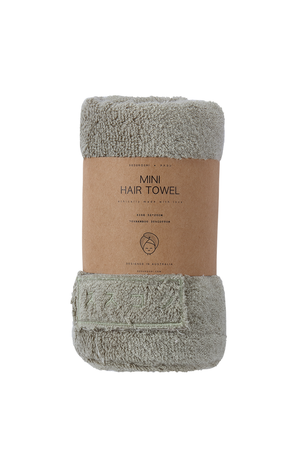 Sage hair towel in packaging
