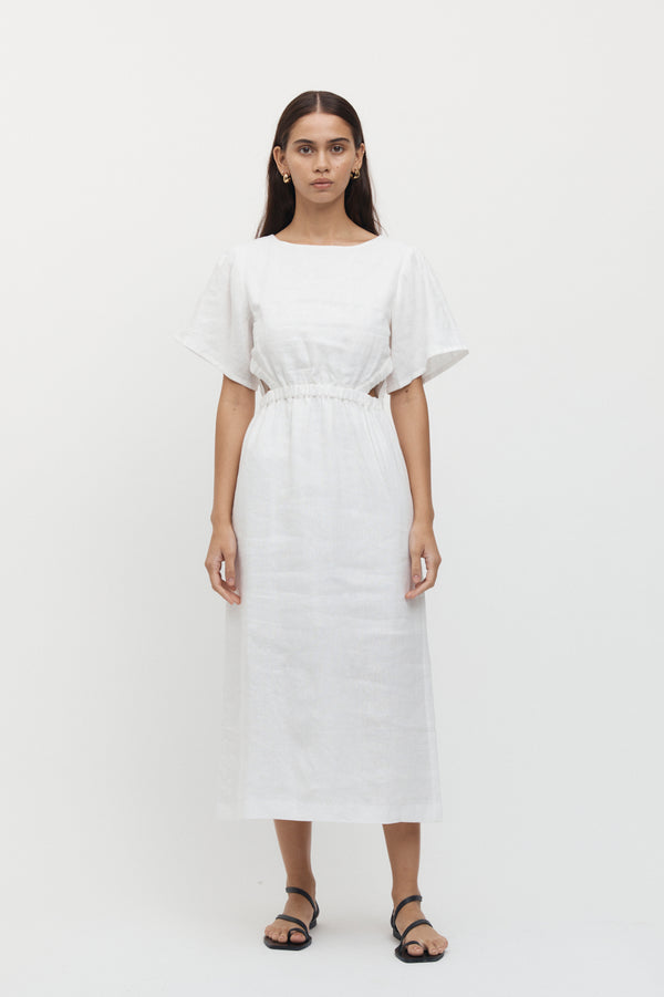 Full length view of woman wearing Mathilde Summer Midi Dress in White.